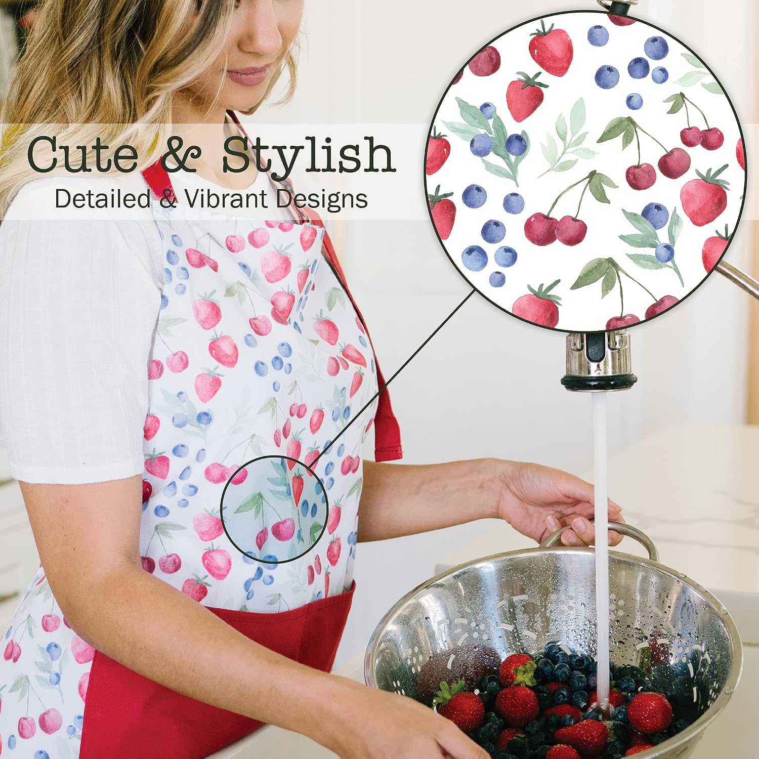 Sage+Stitch Adjustable Designer Kitchen Apron for Adults | 100% Machine Washable Cotton Cooking Apron with Pockets and Adjustable Neck Buckle | 27" Wide x 33" Long | Fruits
