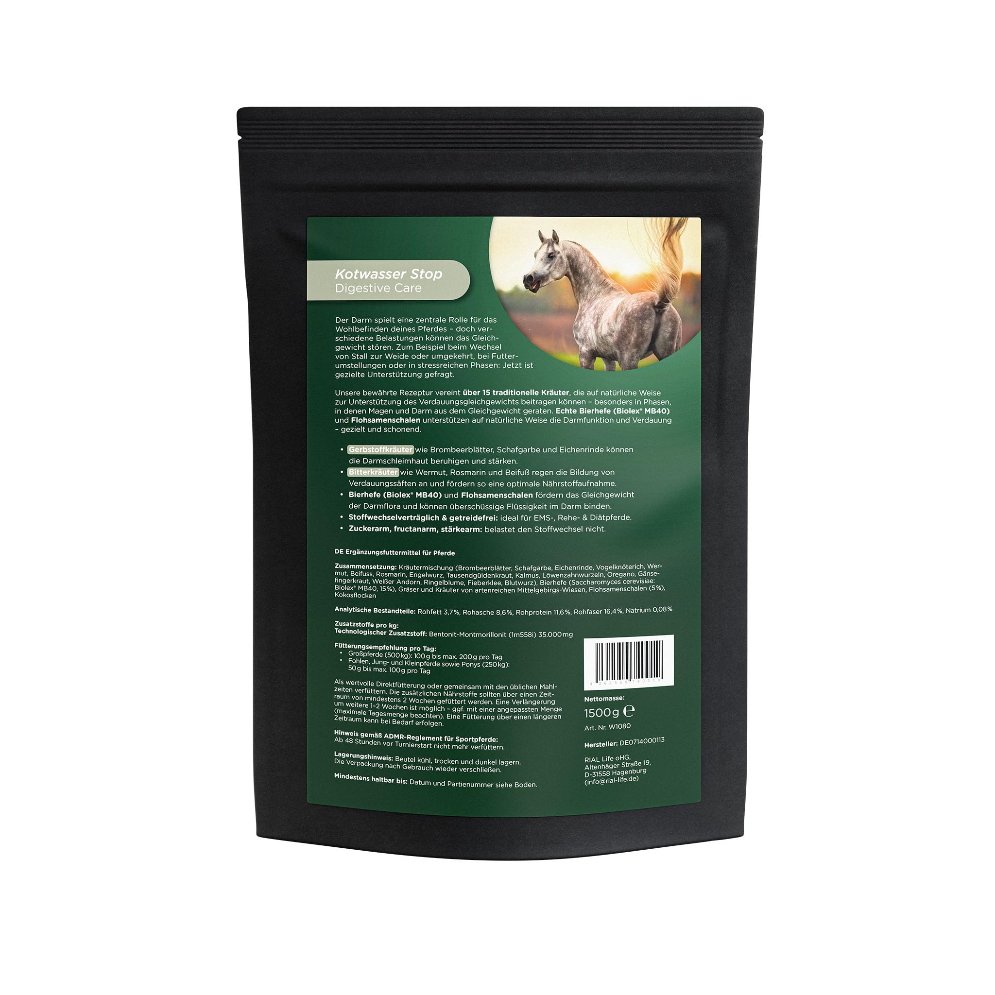 winnies® Kotwasser Stop Pellets-Plus für Pferde – Unterstützt Darmfunktion & Verdauung mit spezieller Kräutermischung, Bierhefe (Biolex® MB40) & Flohsamenschalen – getreidefrei – 1,5 kg