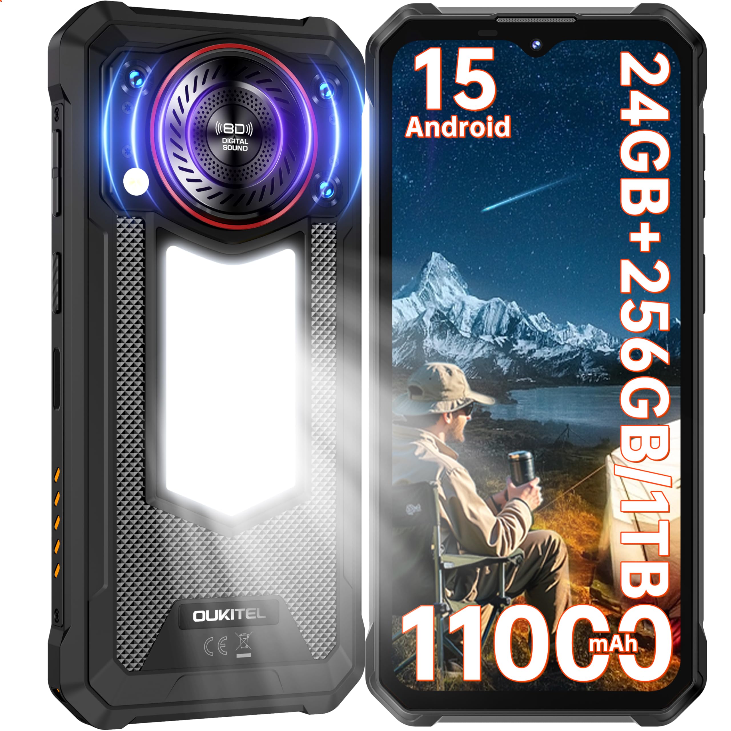 OUKITEL WP53 PRO Rugged Smartphone, 900LM Luce Campeggio - Android 15 128dB Altoparlante, 24GB+256GB Telefono Indistruttibile - 11000mAh 50MP +8MP 6.52" HD Rugged Phone IP68/IP69K/NFC/BT5.0/OTG/GPS