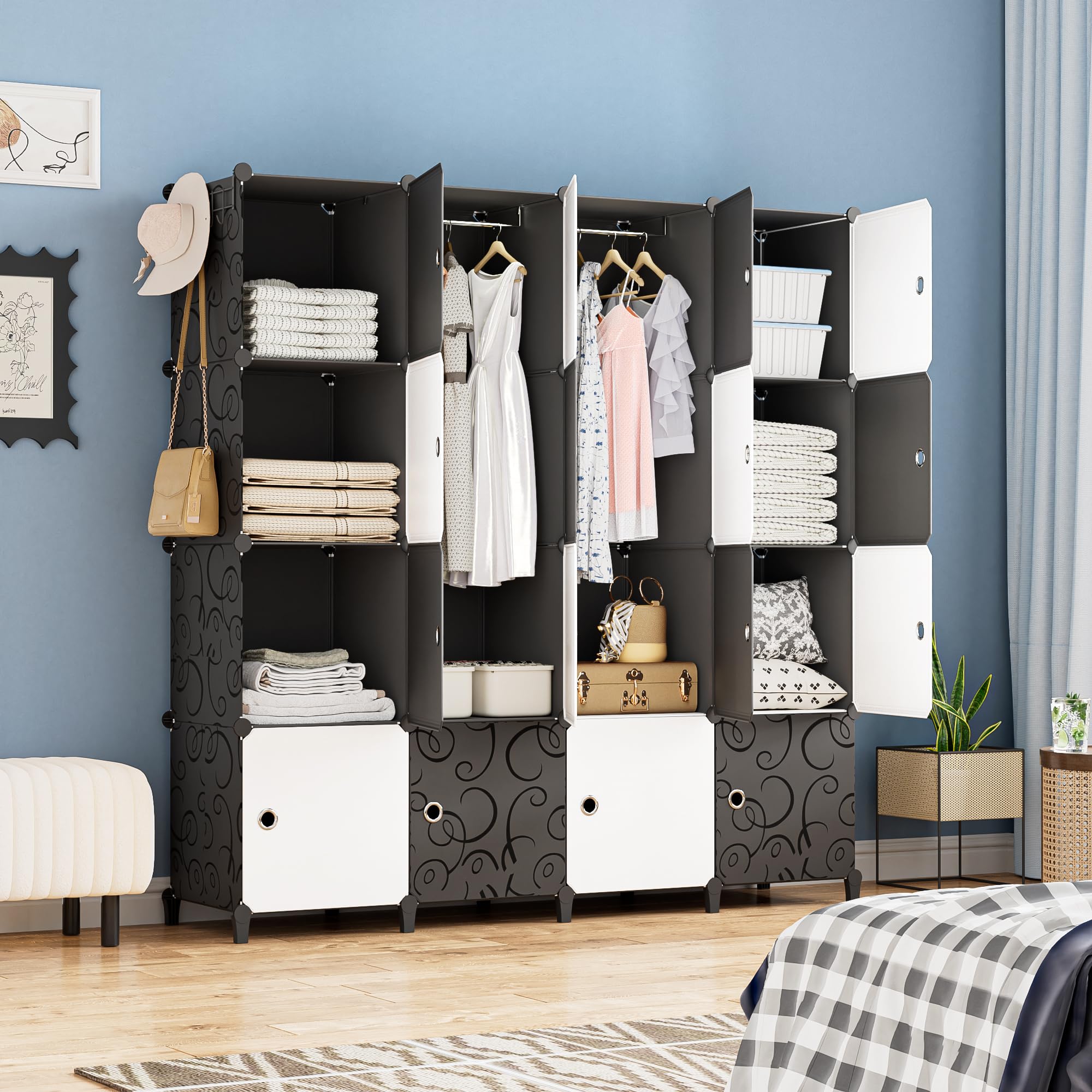 HOMIDEC Kleiderschrank, Tragbarer Regalsystem Schrank Schlafzimmer, 16 Würfel Schrank aus Kunststoff mit 3 Kleiderstange, Schlaf zimmerschrank (schwarz und weiß)