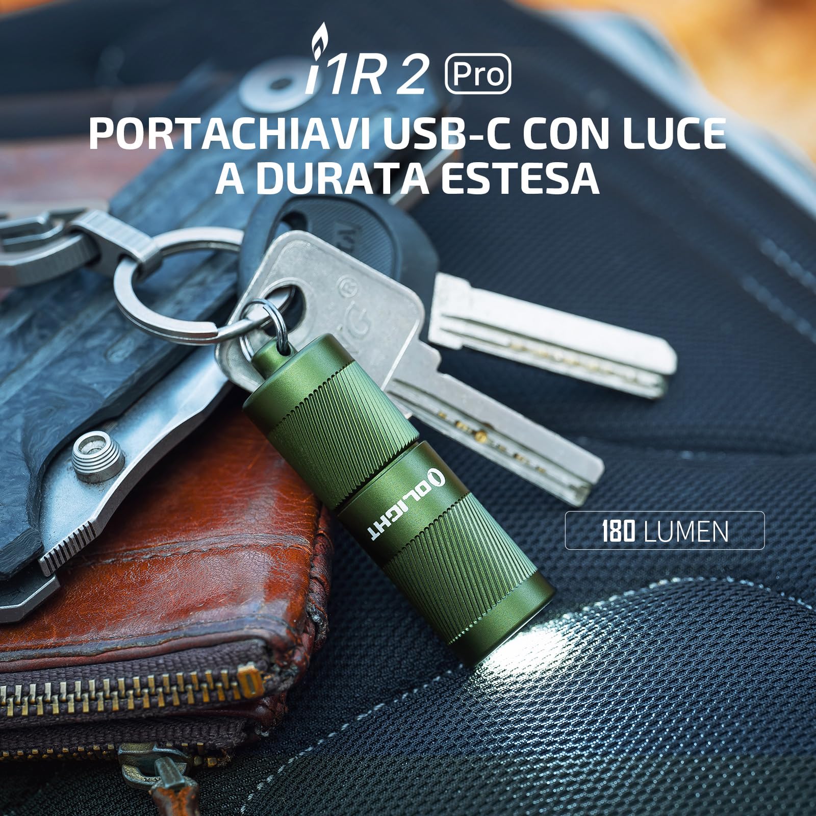 OLIGHT i1R2 Pro 180 Lumen EOS Portachiavi Mini Torcia USB Ricaricabile Luminosa, IPX8 Impermeabile 2M Protezione Anticaduta Piccola Torcia per Campeggio All'aperto (Verde)
