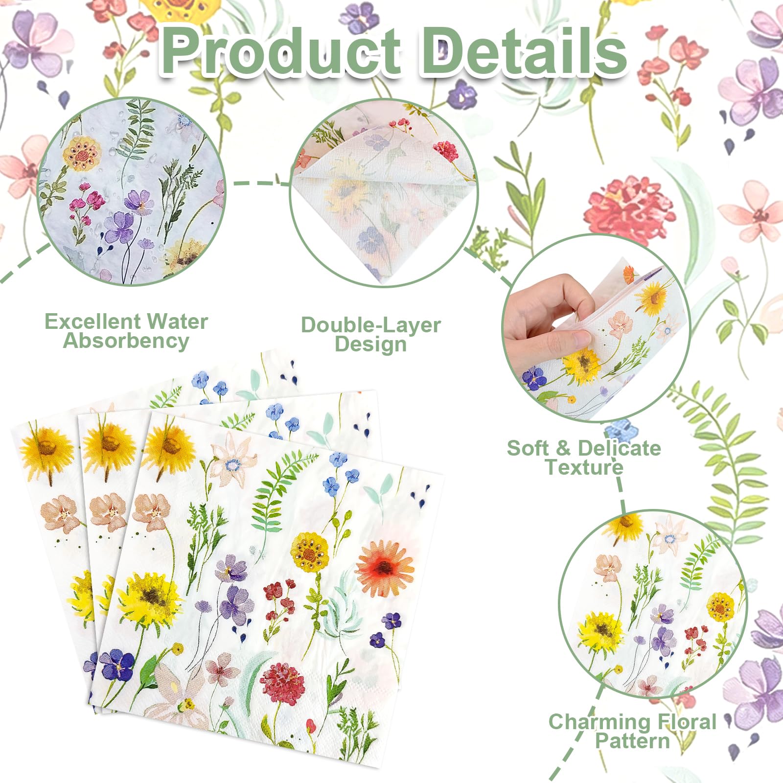 Flintronic 40 PCS Soft Paper Floral Napkins, 2ply 33cm, Colorful Flower Patterned Serviettes Tissue - Image 3