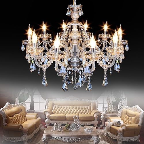Ridgeyard 25.6 x 35.4 Inch Modern Luxurious 10 Lights K9 Crystal Chandelier Candle Pendant Lamp Living Room Ceiling Lighting for Dining Bedroom Hallway Entry (Cognac/Champagne Color)