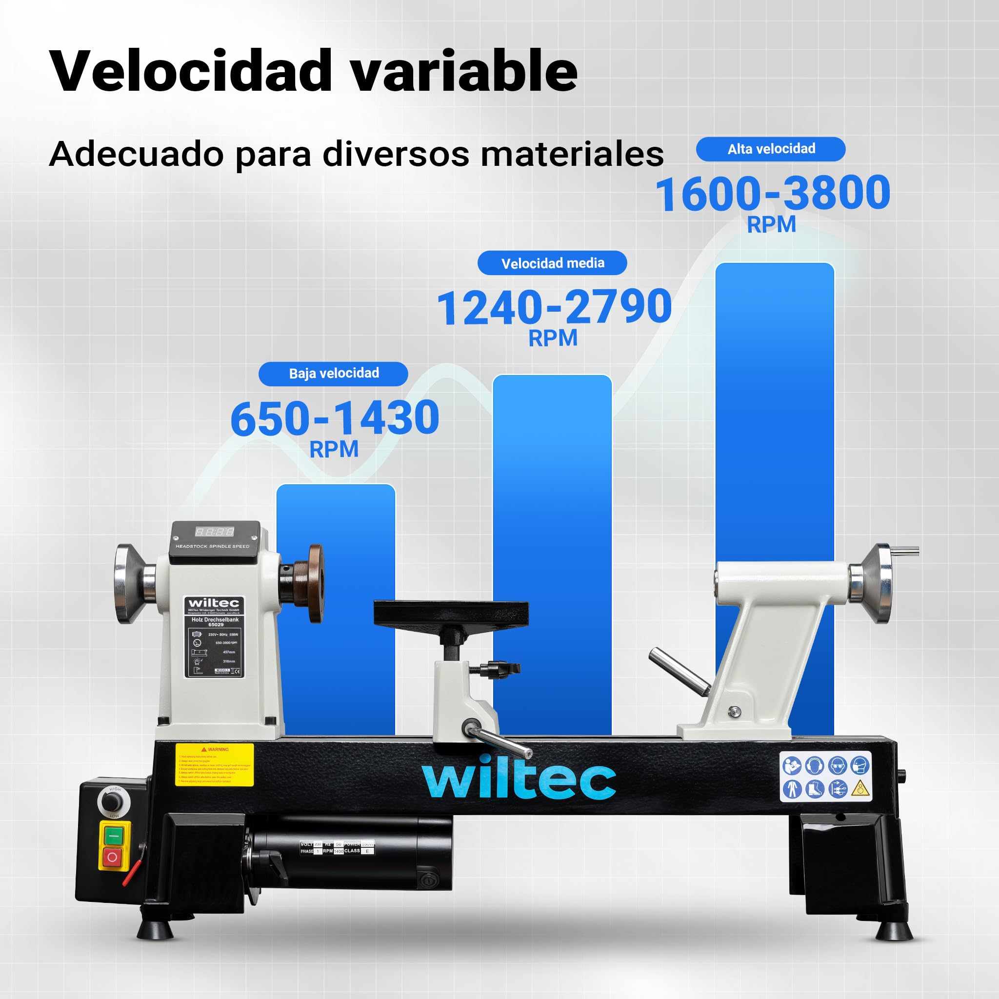 Wiltec Torno de madera 550 W velocidad variable 650-3800 rpm, máquina para madera con placa frontal, herramienta para tornear madera hasta 457 mm de largo
