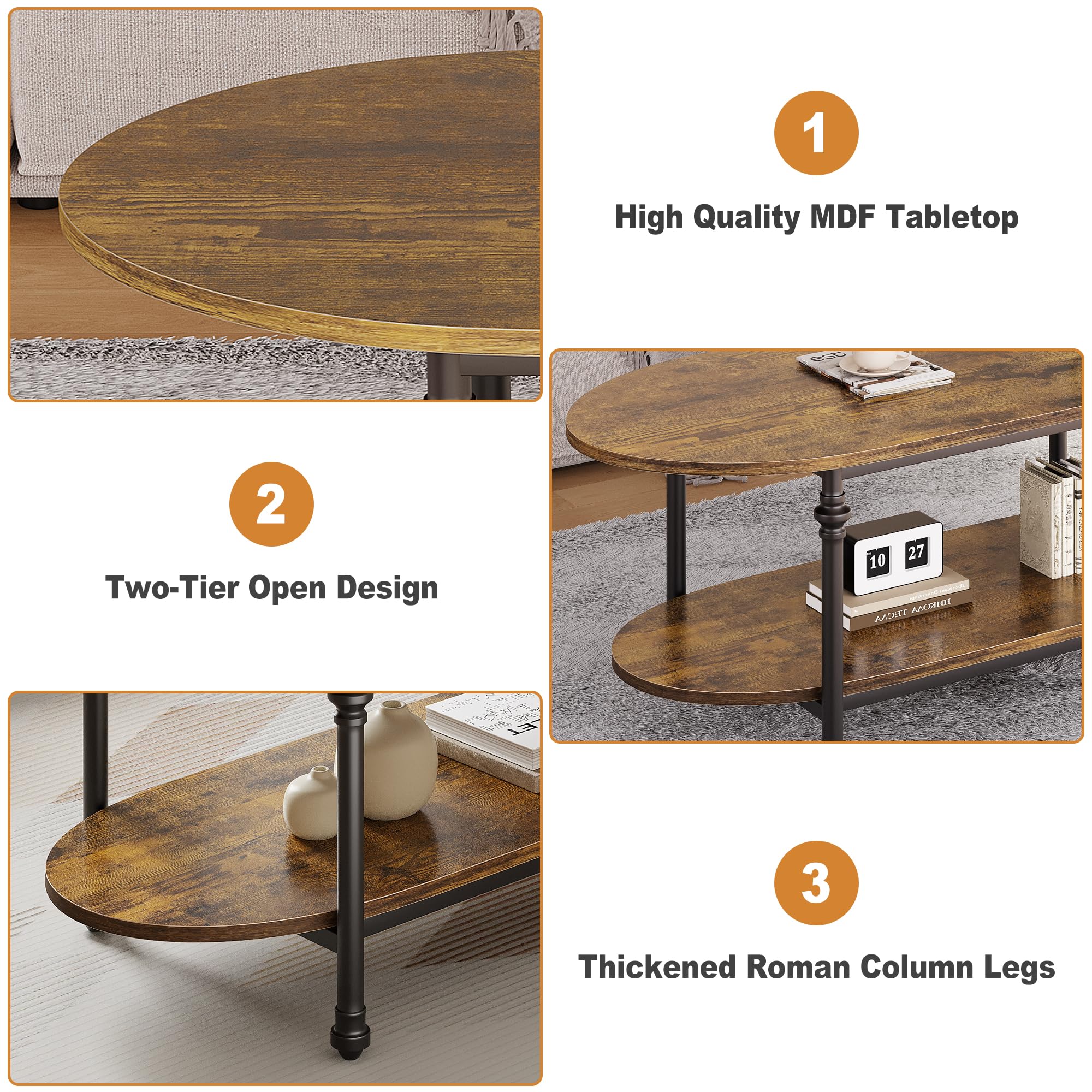 Mesa de centro ovalada de madera de 2 niveles – Patas metálicas estilo columna romana – Estante abierto – Diseño industrial rústico para salón, dormitorio u oficina – Mesa auxiliar vintage – vintage