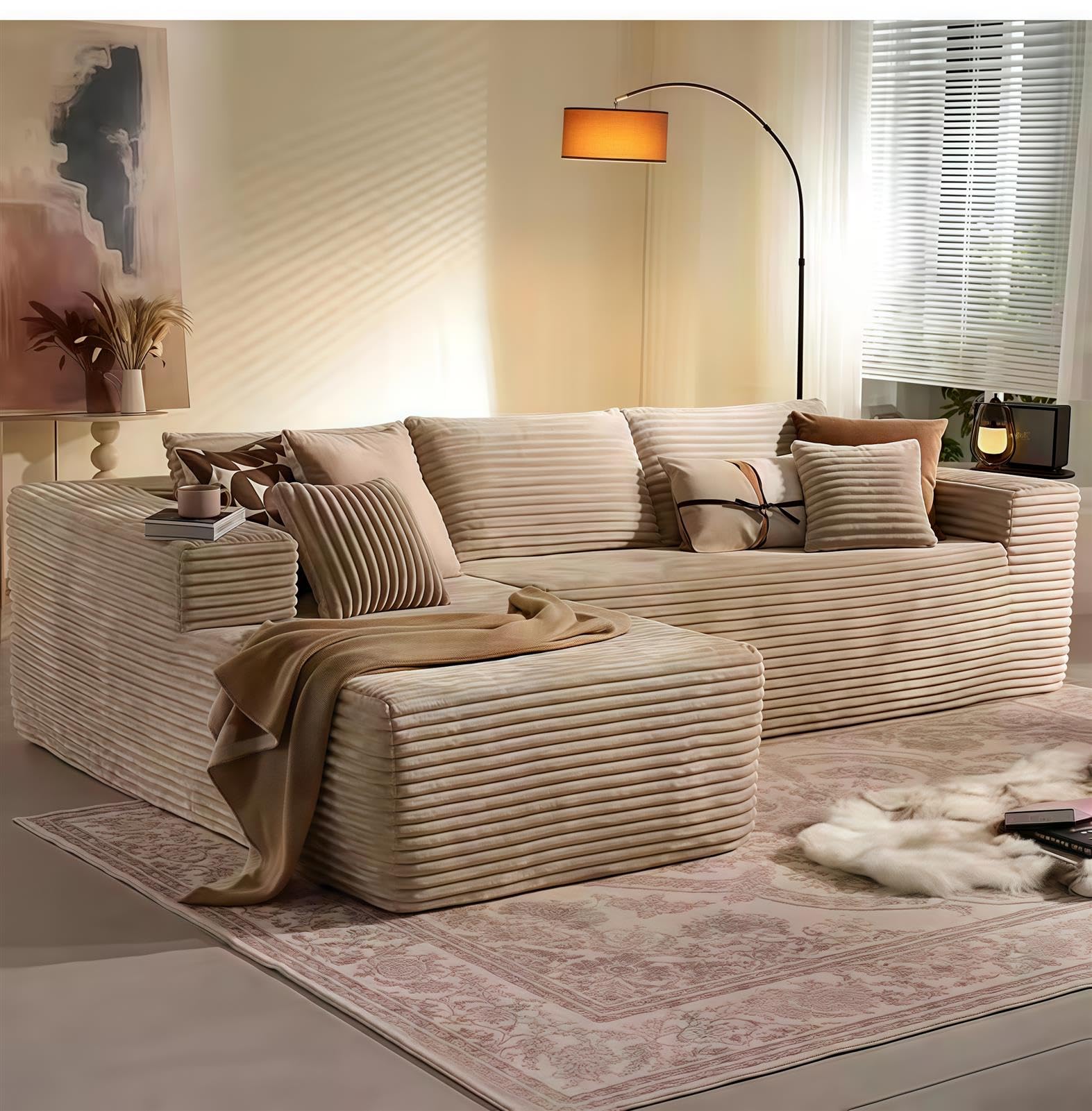 Divano Componibile Modulare a L con Chaise Longue, Morbido Tessuto in Velluto Coste con Seduta Profonda, Divani Componibili in Memory Foam per Soggiorno, Camera Letto