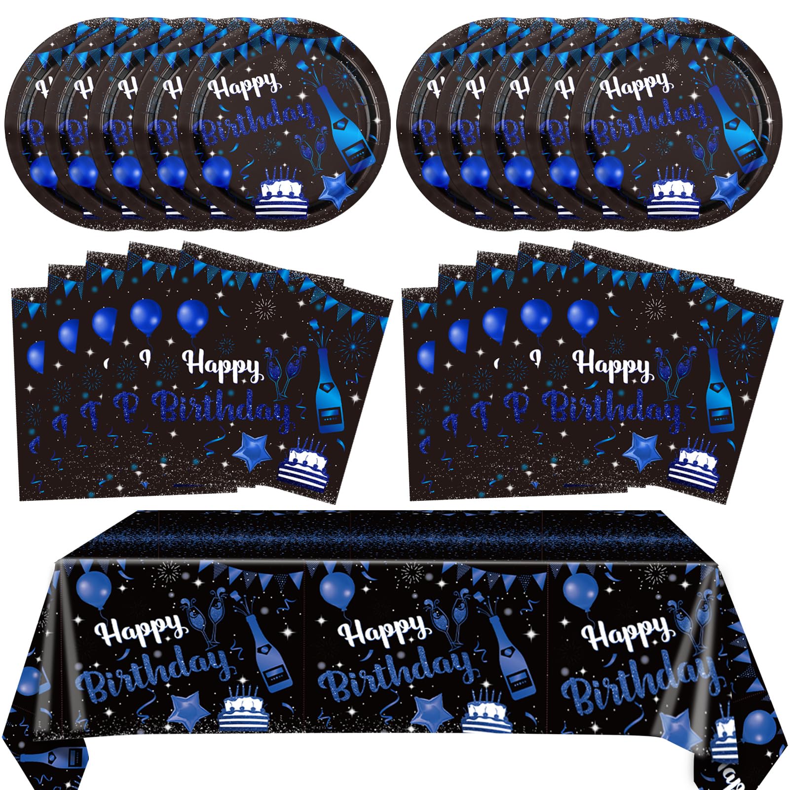 SNIMICS 41PCS Navy Blue and Black Birthday Party Decorations Happy Birthday Tableware Supplies Set Including Plates Napkins Tablecloth for Men Women, 1012