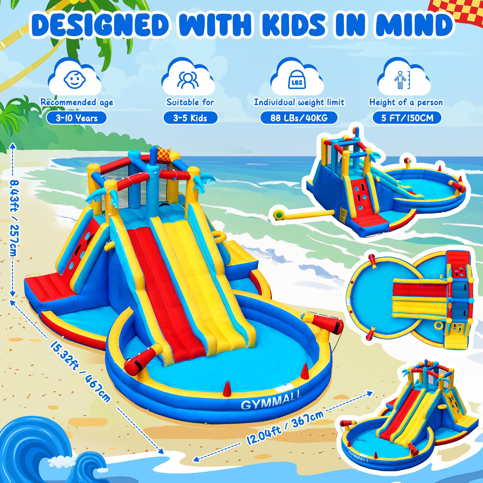 Castello Gonfiabile scivolo acquatico ventilatore 550W, centro gioco acquatico gonfiabile piscina interno esterno doppio scivolo parete arrampicata canestro giardino cortile