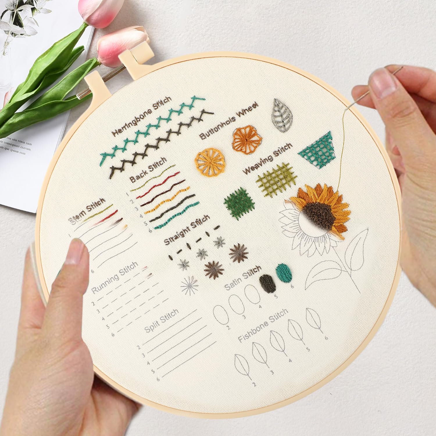 Hi-YomiLaugh Paquete de 3 kits de bordado para principiantes y kits de punto de cruz para adultos, kit de inicio preestampado floral con aro, hilos, agujas y herramientas (jardín floral)
