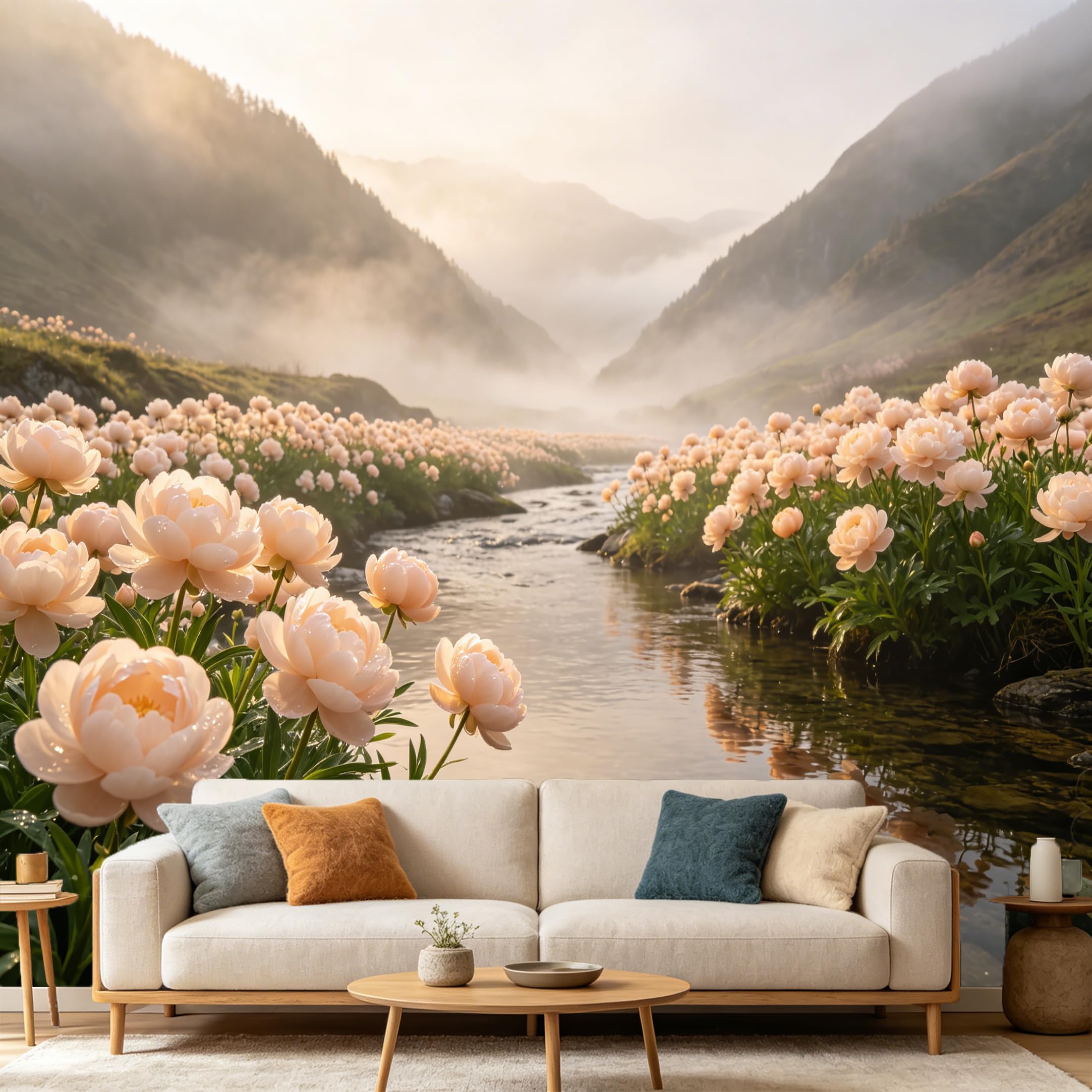 Custom Size Wall Mural Botanical Mountain Lake Landscape Soft Peach Flowers Misty Morning Scenery SelfAdhesive Art Prints wall Fabric (No PVC) Removable Wallpaper Home Bedroom Decor