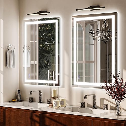 Miniatura 2 de VooBang Espejo de baño LED de 26 x 38 pulgadas, 3 modos de iluminación ajustables, espejo de tocador de baño inteligente, antiniebla, función de