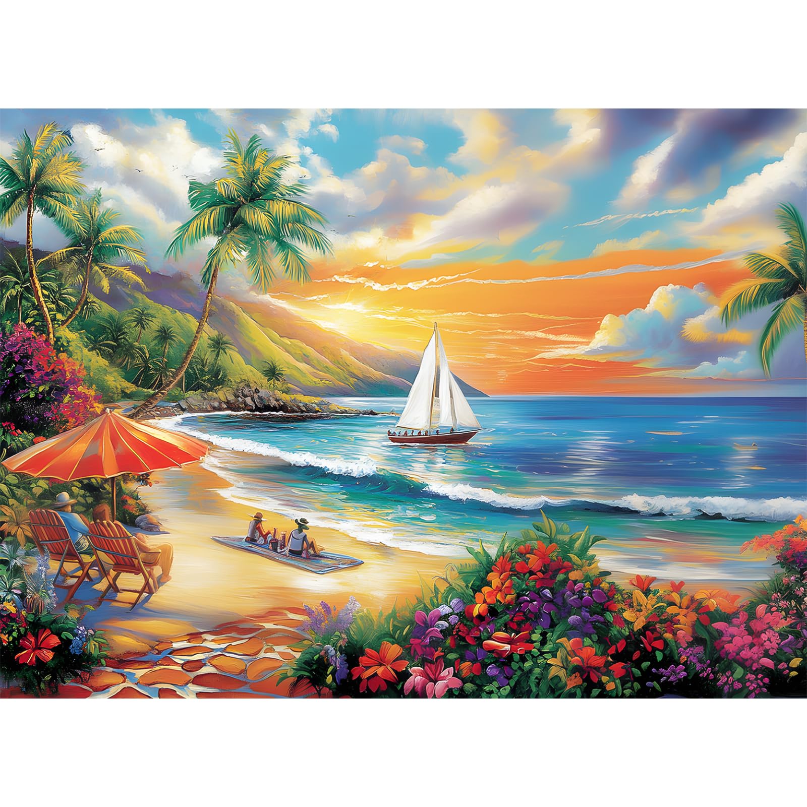 300 Pieces Puzzles for Adults, Summer Beach Jigsaw Puzzles 300 Pieces Puzzles for Adults Kids, Colorful Sunset Boat Jigsaw Puzzles, Birthday and