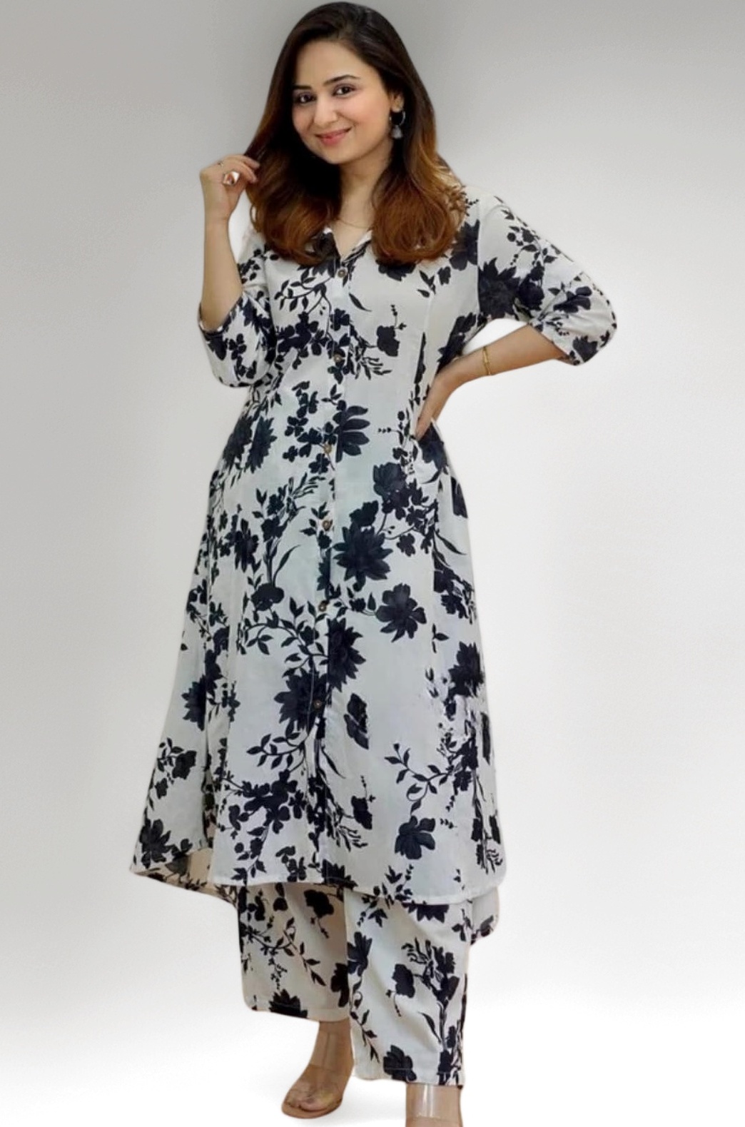 Leriya Fashion Women's Anarkali Rayon Floral Printed Kurta Pant Set | High-Low Hem & 3/4 Sleeves | Ethnic Co-ord for Festive & Casual Wear | Co ord Set For Women Stylish | 2 Piece Dress For Holiday Look & Puja