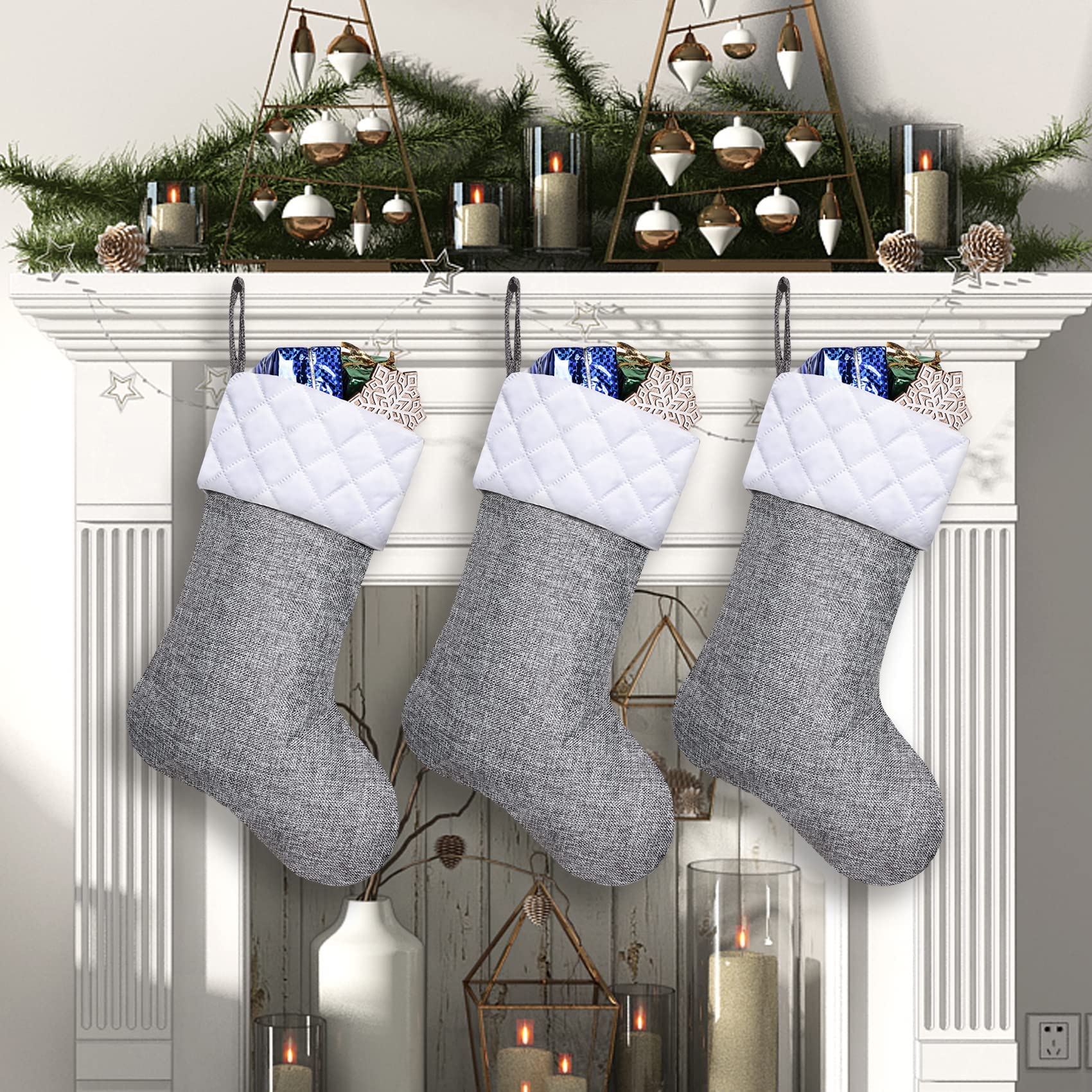 ELEGANTPARK Christmas Stockings 3 Pack Burlap Christmas Stockings with Quilted Cotton Cuff Large Grey Stocking Xmas Party Holiday Fireplace Hanging Xmas Decoration Gifts for Family Kids