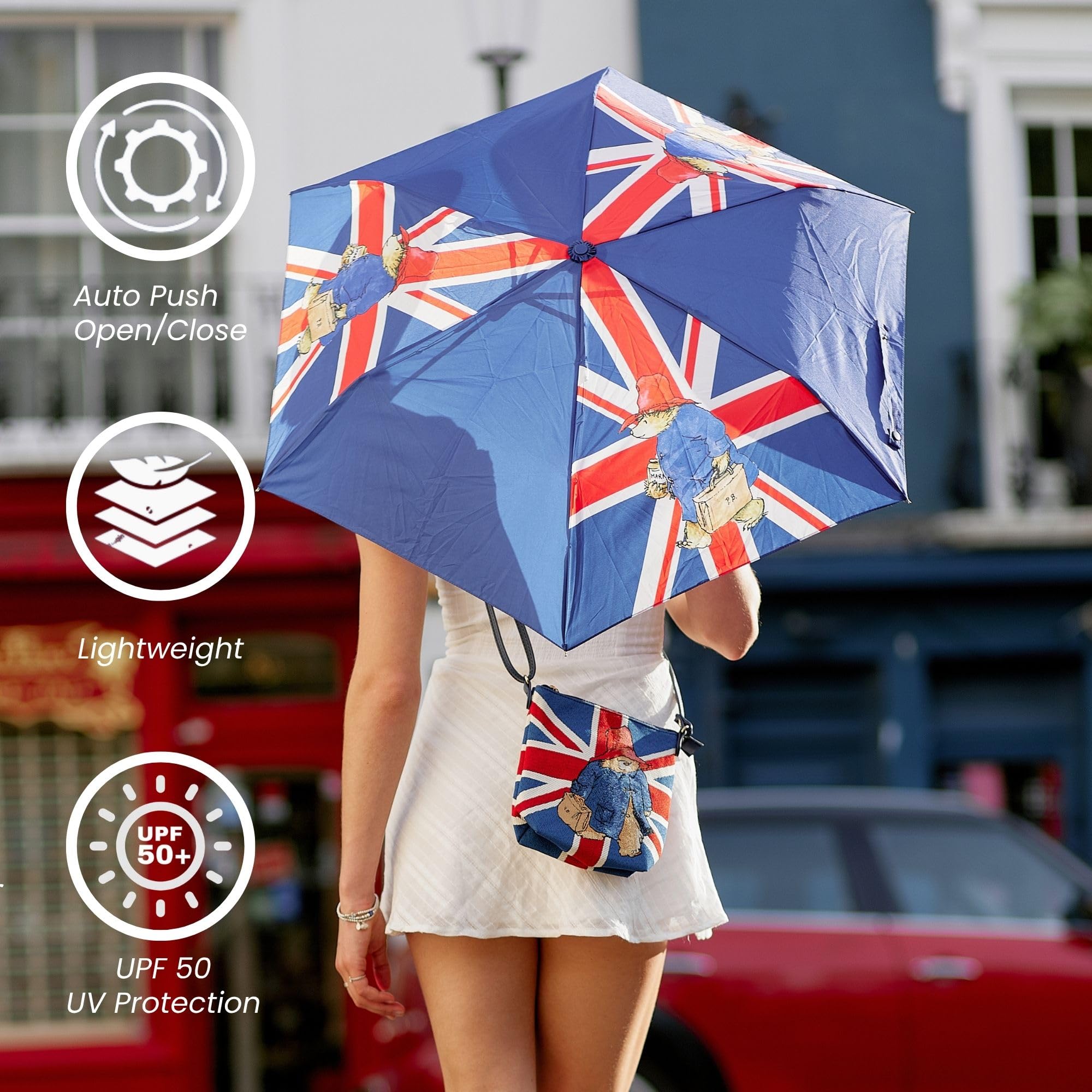 Signare Paddington Bear Union Jack Automatischer faltbarer Regenschirm, Marineblau (Union Jack Paddington, UM-AUTO-UJ-PADD)
