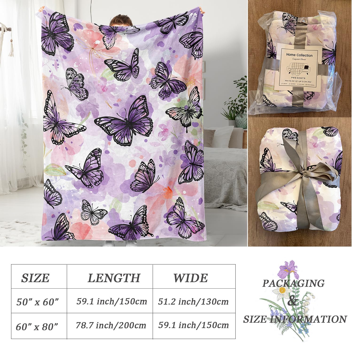 Butterfly Throw Blanket for Women Purple Butterflies Print Blanket Girl Gifts Blanket Soft Fuzzy Flannel Fleece Throw Blanket for Bed Couch 50” x 60”