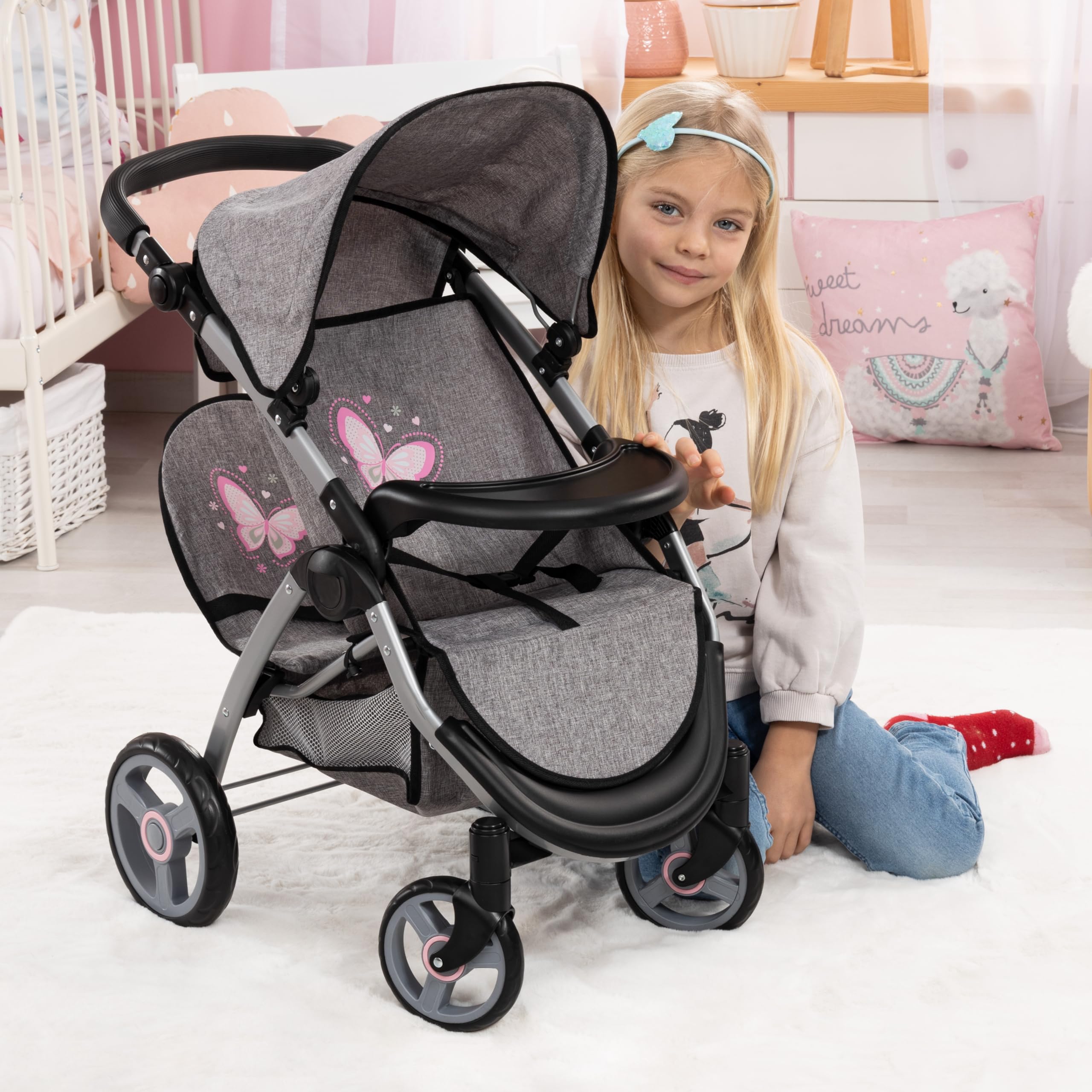 Bayer Design 39433AA Zwillingspuppenwagen, Puppenwagen, Geschwisterwagen, höhenverstellbar, klappbar, Tasche, Jeans-grau, Rosa, 60x41x68 cm, 13.97x7.08x18.89 in | für Mädchen und Jungs, ab 3 Jahre