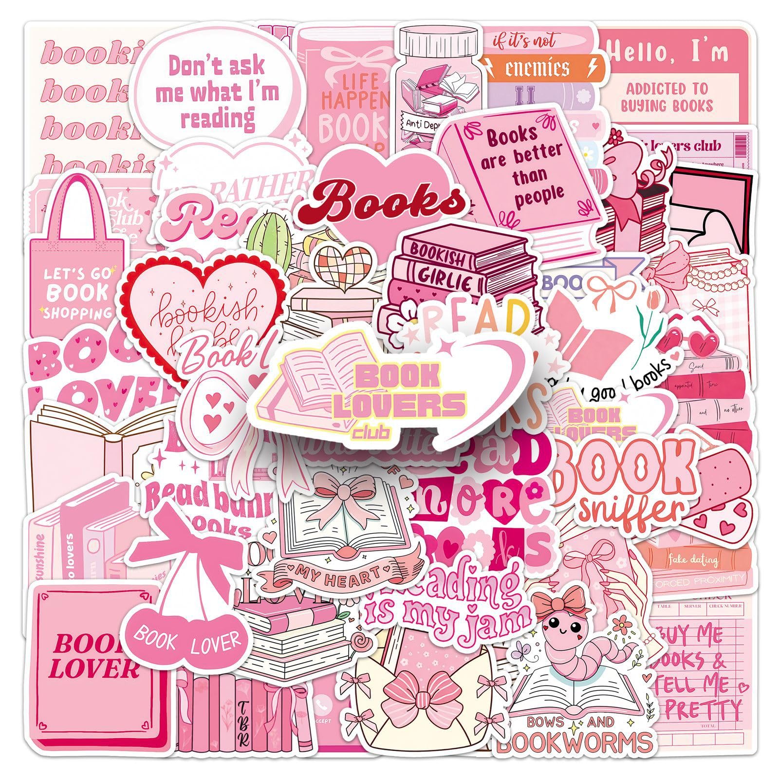 50 adesivi rosa per amanti dei libri, impermeabili, in vinile, per laptop, skateboard, custodia del telefono, bagagli, decorazione estetica per adolescenti, adulti, ragazzi, ragazze
