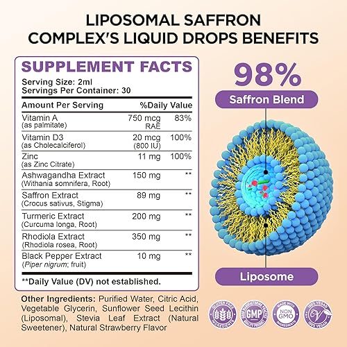 Miniatura 6 de Suplementos liposomales de azafrán, 89 mg de extracto de azafrán en gotas líquidas con Ashwagandha, cúrcuma, vitamina A y D3 para antioxidante,