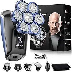 Barbeadores de cabeça para homens carecas, barbeador de cabeça impermeável Uythumidid 7D molhado/seco, recarregável por USB e tipo C, kit de barbeador elétrico 7 em 1, barbeador rotativo masculino