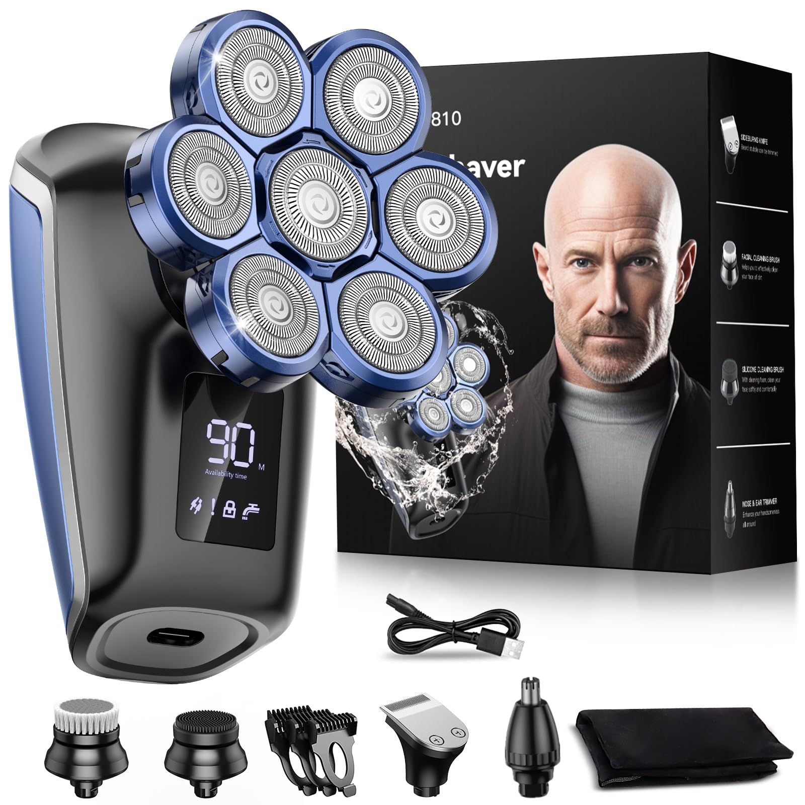 Head Shavers for Bald Men, Uythumidid 7D Wet/Dry Waterproof Head Shaver, USB &Type-C Rechargeable 7-in-1 Electric Razor Grooming Kit, Mens Rotary Shaver for Best Gift, Cordless (Blue)