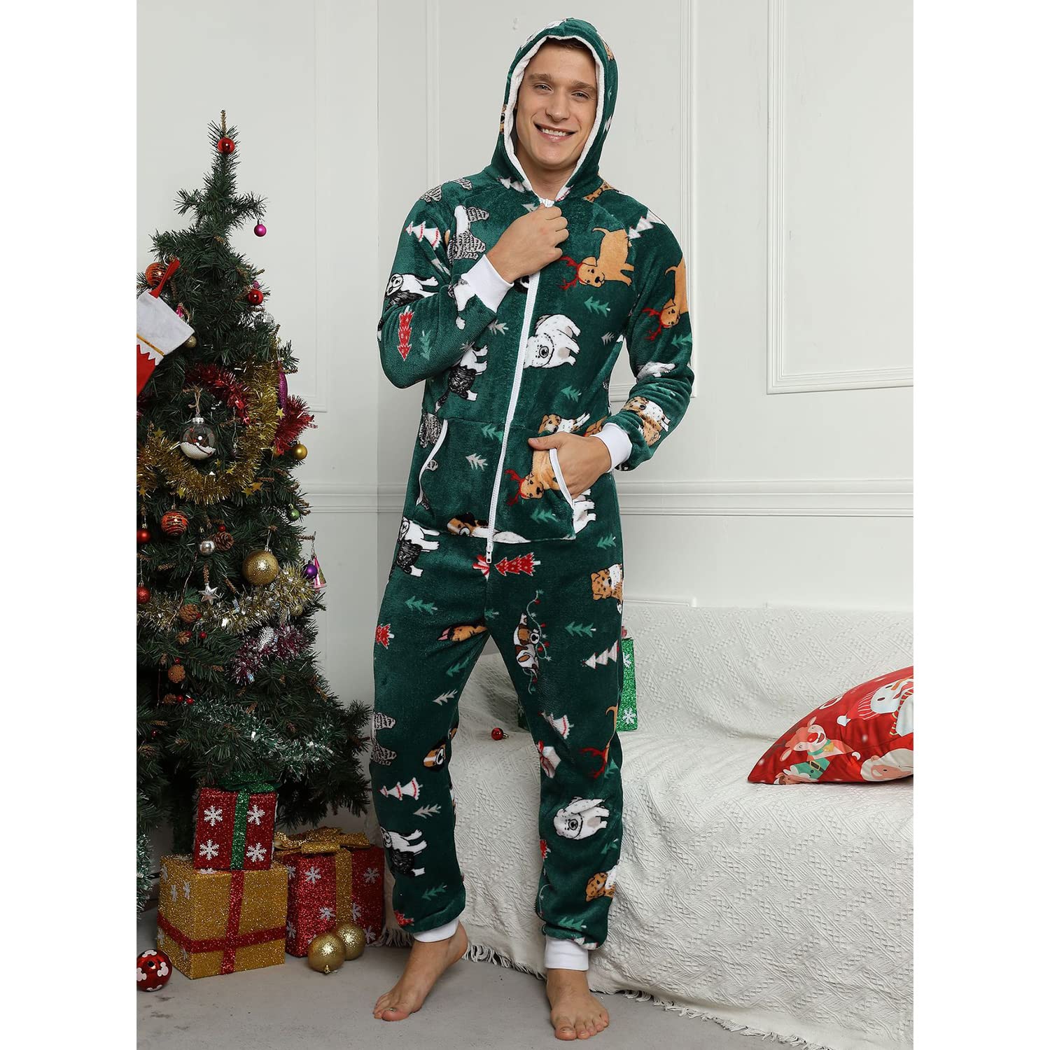 Pijama Navidad Una Pieza Hombre Franela Pijamas Mono Entero con Capucha Manga Larga Invierno Calentito Jumpsuit Adulto Onesie Ropa de Casa Dormir Verde XL