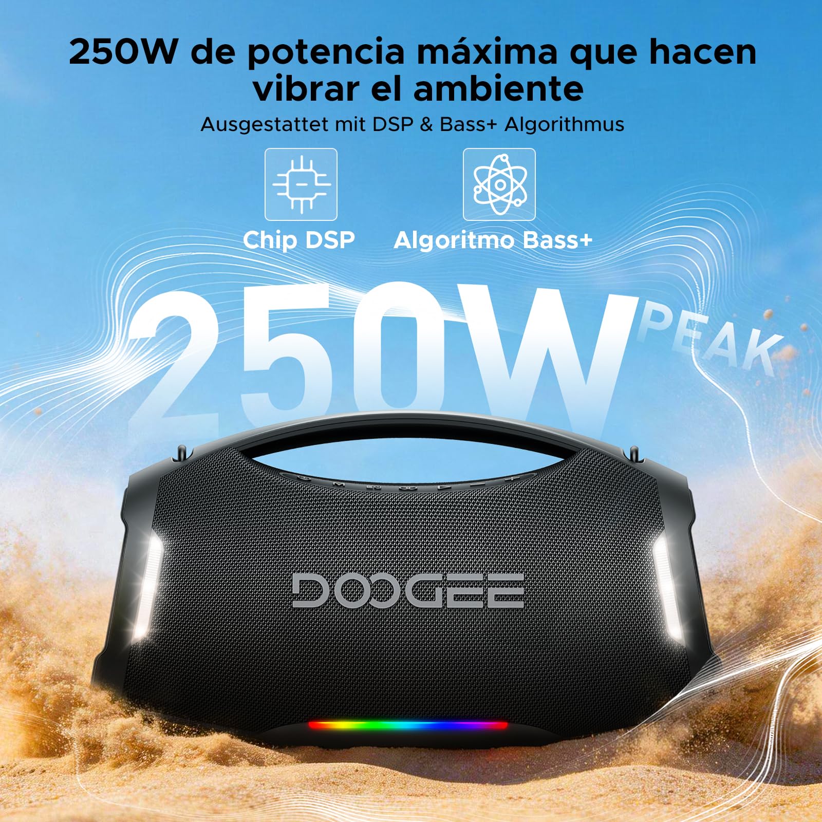 Wild Boom Pro Altavoz Portatil, Speaker Potente 250W Pico Sonido 2.1, Batería 12000mAh Luces RGB Sincronizadas y Focos de Escenario, Altavoces Portátiles TWS para Fiestas y Actividades