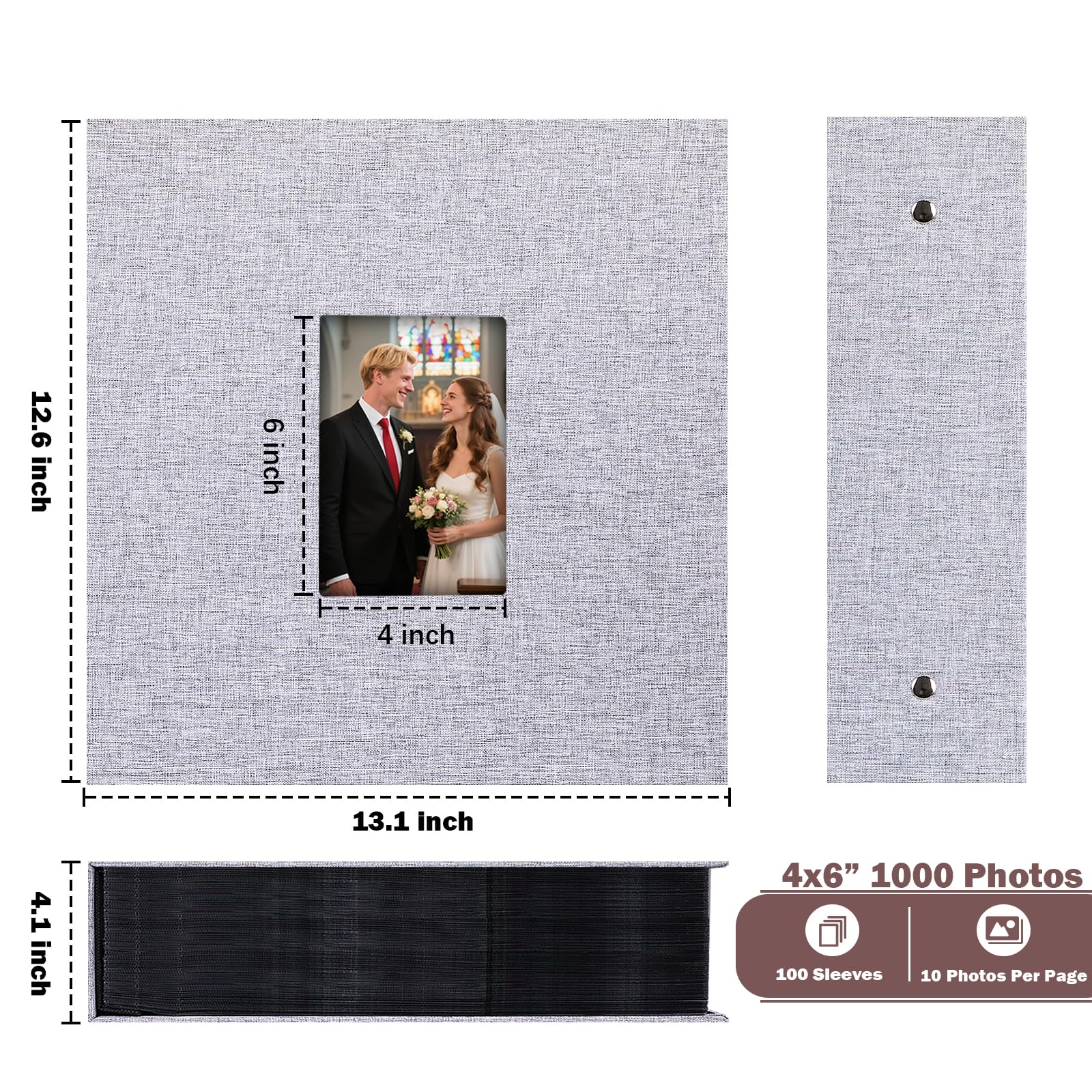 Wielki Album Fotograficzny 10x15 cm (4x6) - 1000 Kieszonek, Okładka z Lnu, Okienko na Przedzie, Album Rodzinny na Pamiątki, Śluby i Wakacje (Szary)
