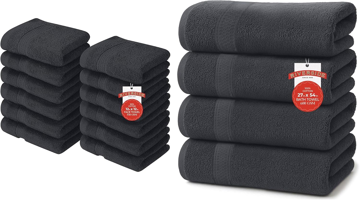 RIVERSIDE 100% Ring Spun Cotton Bath Towels Set of 4 (27x54) & Face Towels Set of 12 (12x12) - Luxury 600 GSM, Ultra Soft, Quick Dry & Highly Absorbent Washcloths for Bathroom, Gym, Spa & Hotel