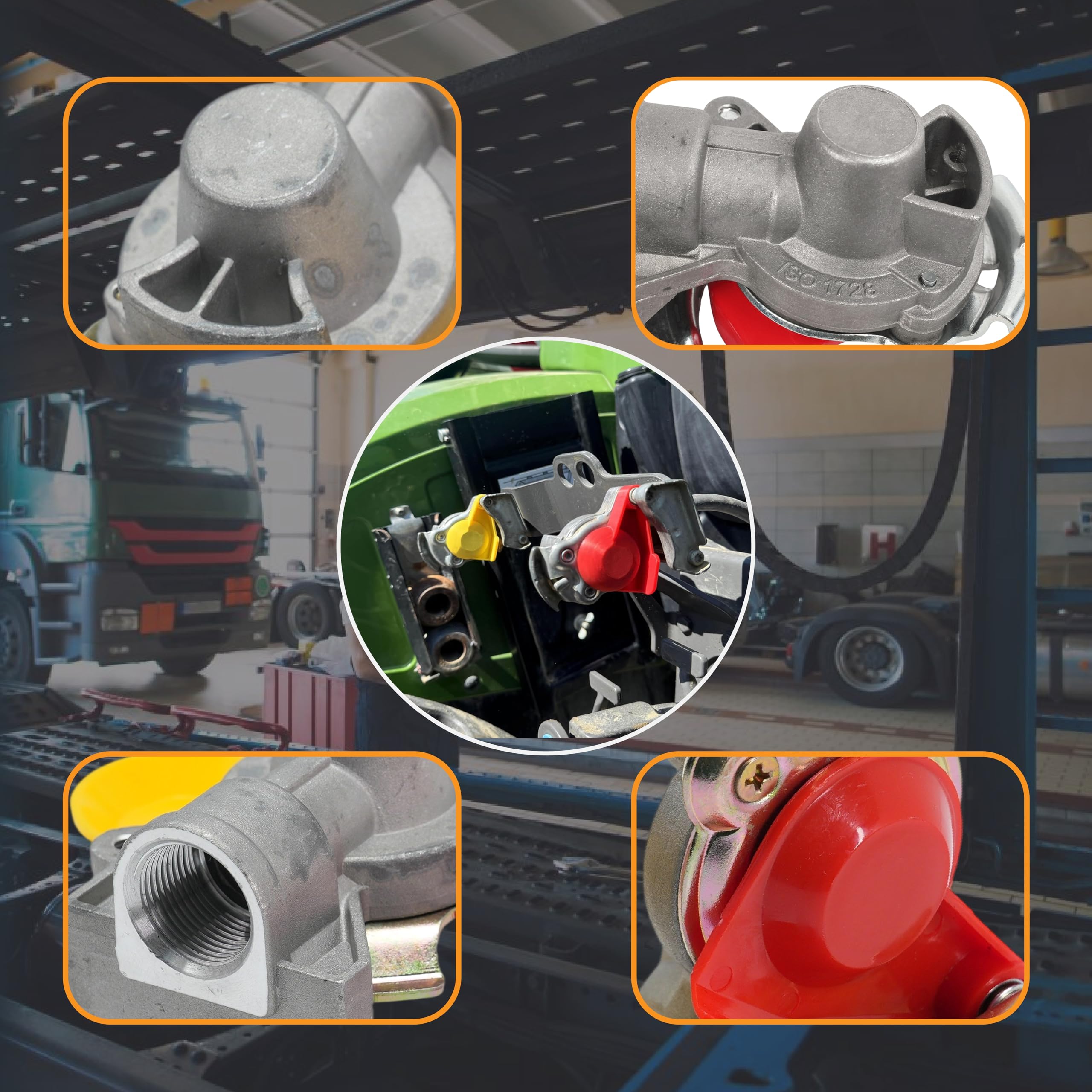 Tête à air comprimé M16 x 1,5 rouge/jaune avec kit de valve et bouchon anti-poussière - Compatible avec les camions