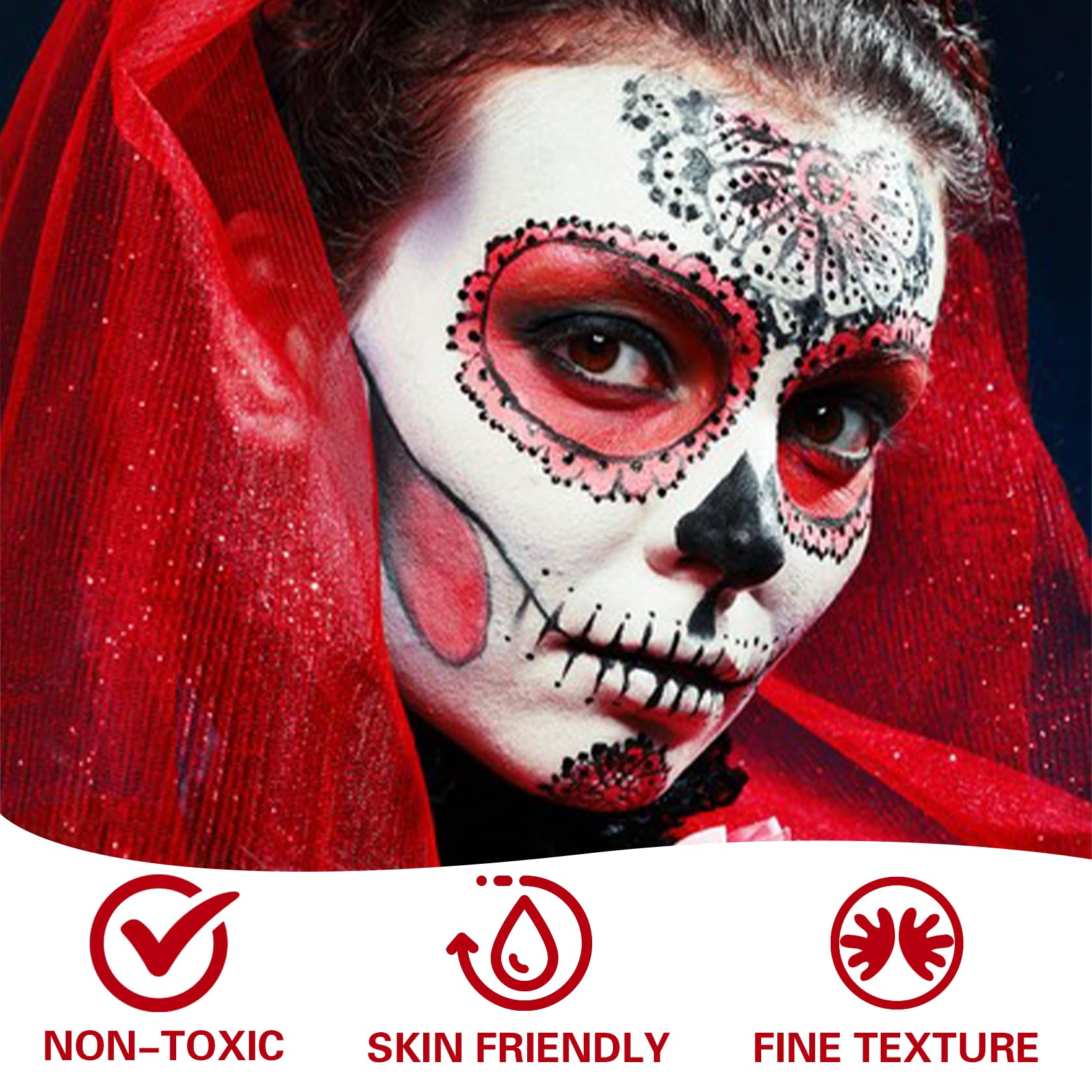 Set De Maquillaje Halloween 6 Piezas – Pintura Facial Negra, Blanca Y Roja (60 G Total) Con 3 Pinceles, Ideal Para Zombi, Joker, Vampiro O Esqueleto