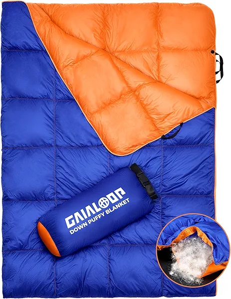 Gaialoop Down Puffy Blanket for Car Camping Outdoor Travel Backpacking, Duck Down Lightweight Portable Soft Warm Cozy Camping Blanket Quilt, Lake Blue