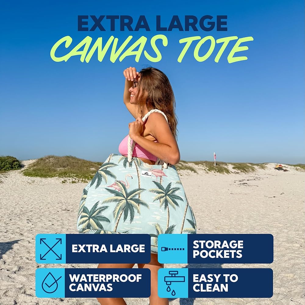 Amazon.com: SUN NINJA XL Canvas Beach Tote Bag - Water