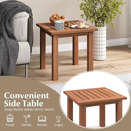 Miniatura 7 de Tangkula Mesa auxiliar cuadrada para exteriores, mesa auxiliar de madera dura para patio de 17.5 pulgadas con mesa de listones, mesa de centro