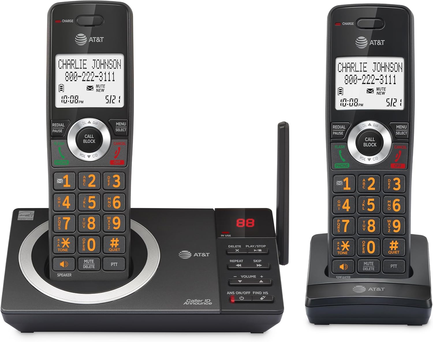 AT&T 2-Handset Expandable DECT 6.0 Cordless Home Phone with Large Display, Big Buttons, Answering Machine, Smart Call Blocker, Long Range, Caller ID, Speakerphone, Intercom: CL82218 (Charcoal Black)