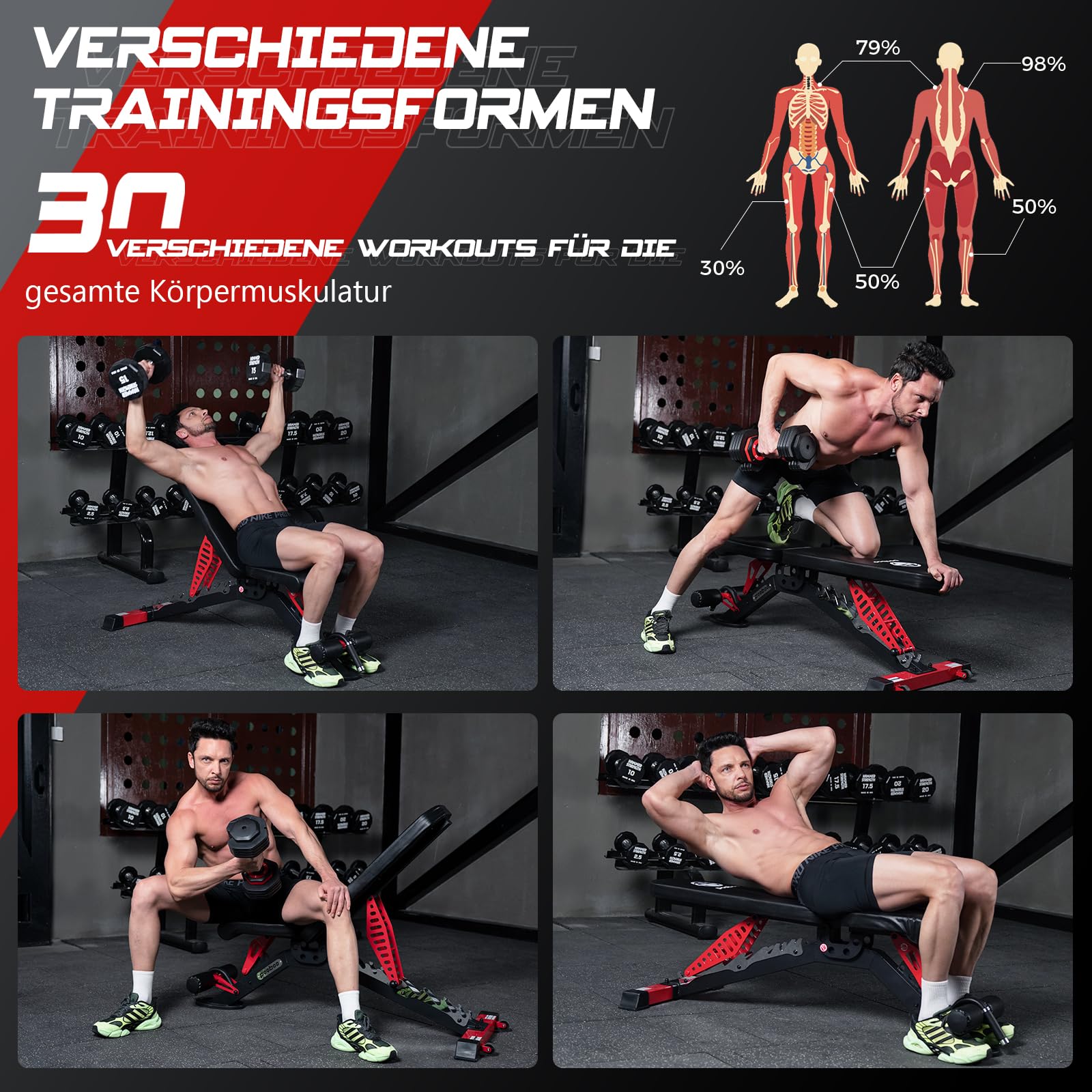 Pooboo Hantelbank, verstellbare Trainingsbank für zu Hause, 1500 lbs Tragkraft, strapazierfähige Krafttrainingsbank, flache/geneigte/abfallende Positionen für ein Ganzkörpertraining