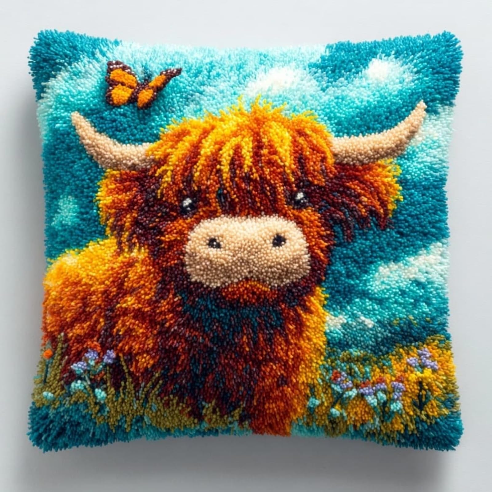 WallustrioaW Latch Hook Pillow Case Kit for Adults 17X17Inch,Highland Cattle and Butterflies
