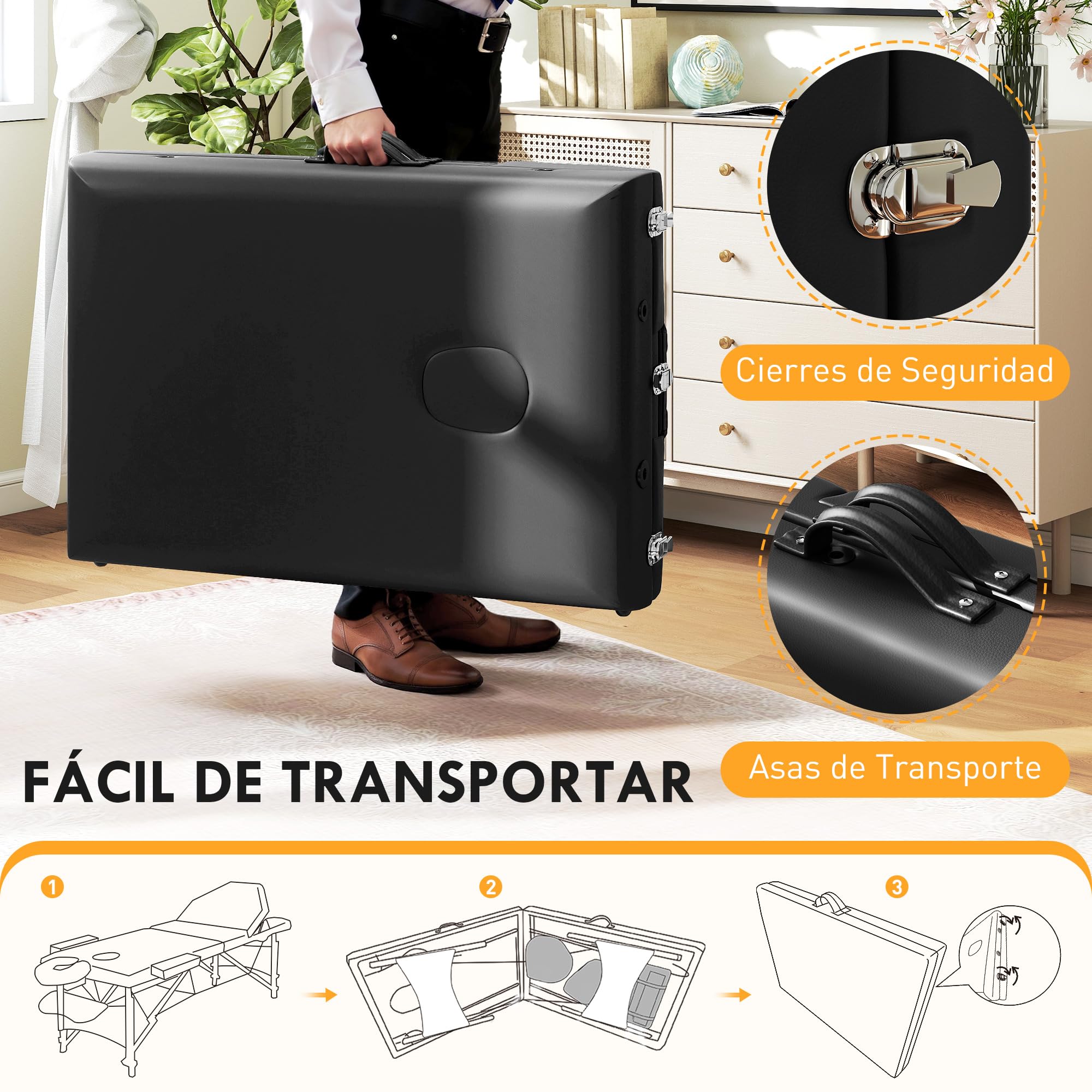 HOMCOM Camilla Masaje Plegable Portátil Camilla Estética Profesional de Madera de 3 Zonas con Altura Ajustable Reposacabezas Reposabrazos Acolchados para SPA Pestañas Tatuajes 215x60x62-89 cm Negro