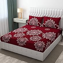 Premium Heavy Cotton Elastic Fitted Bedsheets with 2 King Size Pillow Covers || Double Bed with All Around Elastic 350 TC || 72 x 78 Inch King Size Fitted || - Maroon Big Flower