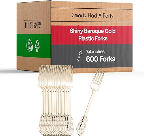 Juego de 600 tenedores de plástico dorados – Juego de tenedores desechables pesados – cubiertos barrocos de lujo resistentes – Juego de cubiertos de