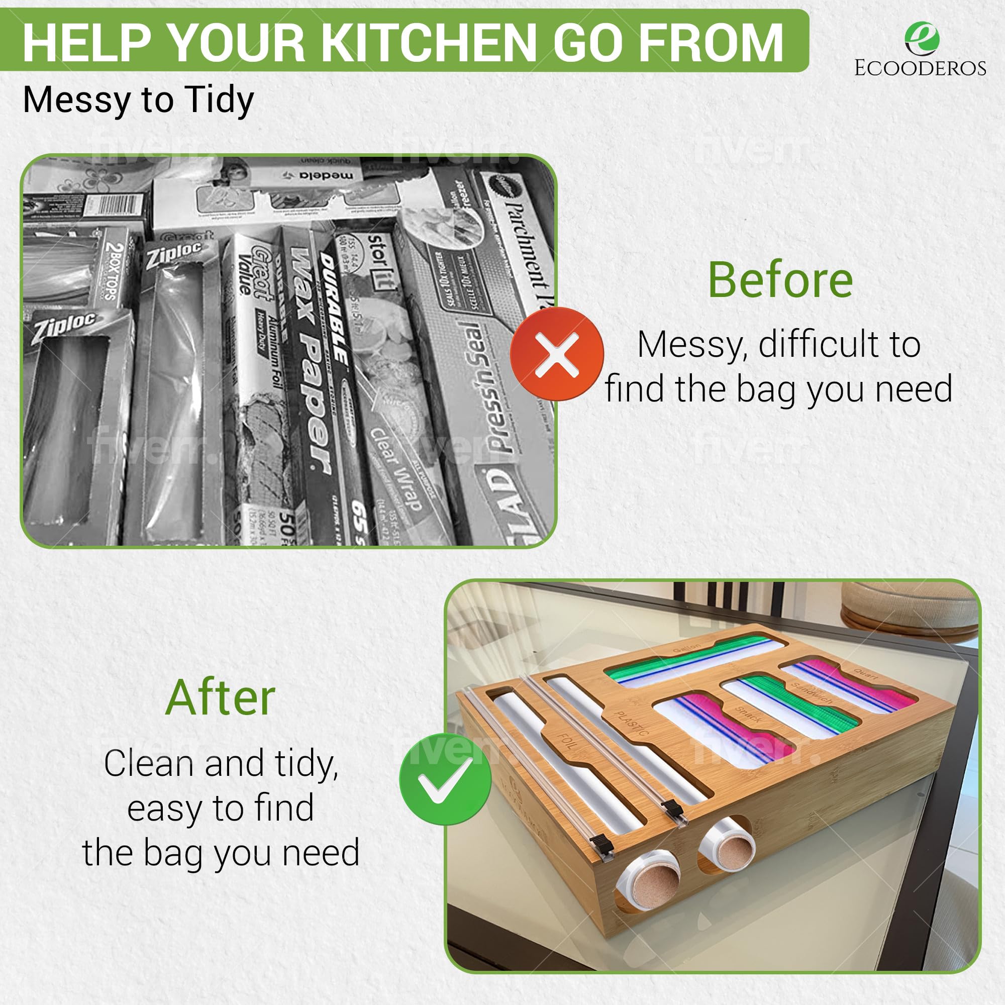 ECOODEROS Bamboo storage ziplock bags for kitchen drawer, ziplock bag organizer and storage solutions, foil and plastic wrap dispenser with cutter compatible space for gallon, quart, sandwich, snack.