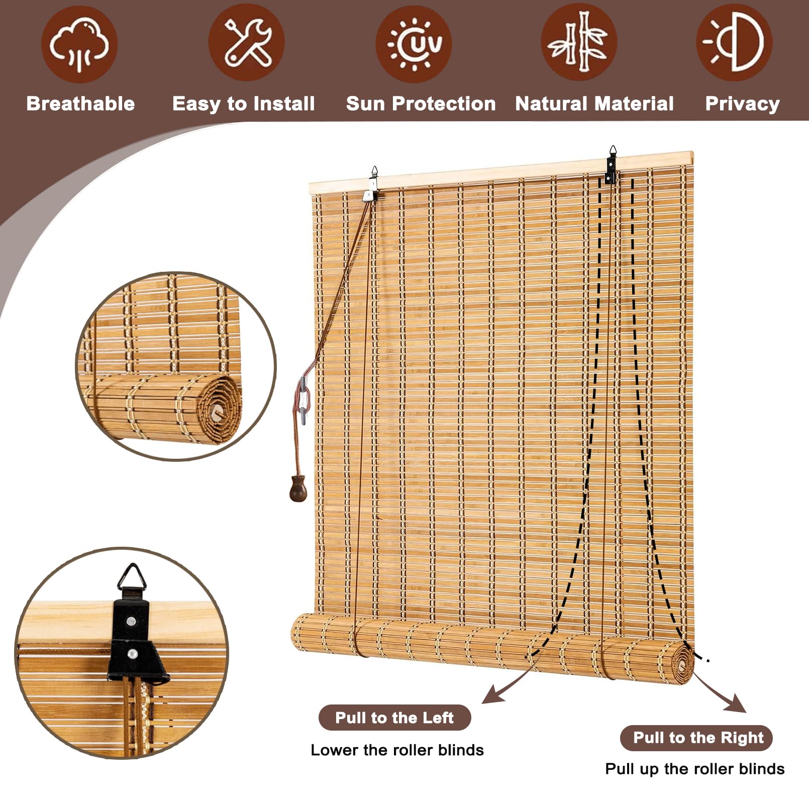 110x170cm Persiana Enrollable de Bambú para Exterior Personalizable Natural Persianas Romanas Estor Enrollable de Protectora Solar,Cortina Parasol para Puertas o Ventanas
