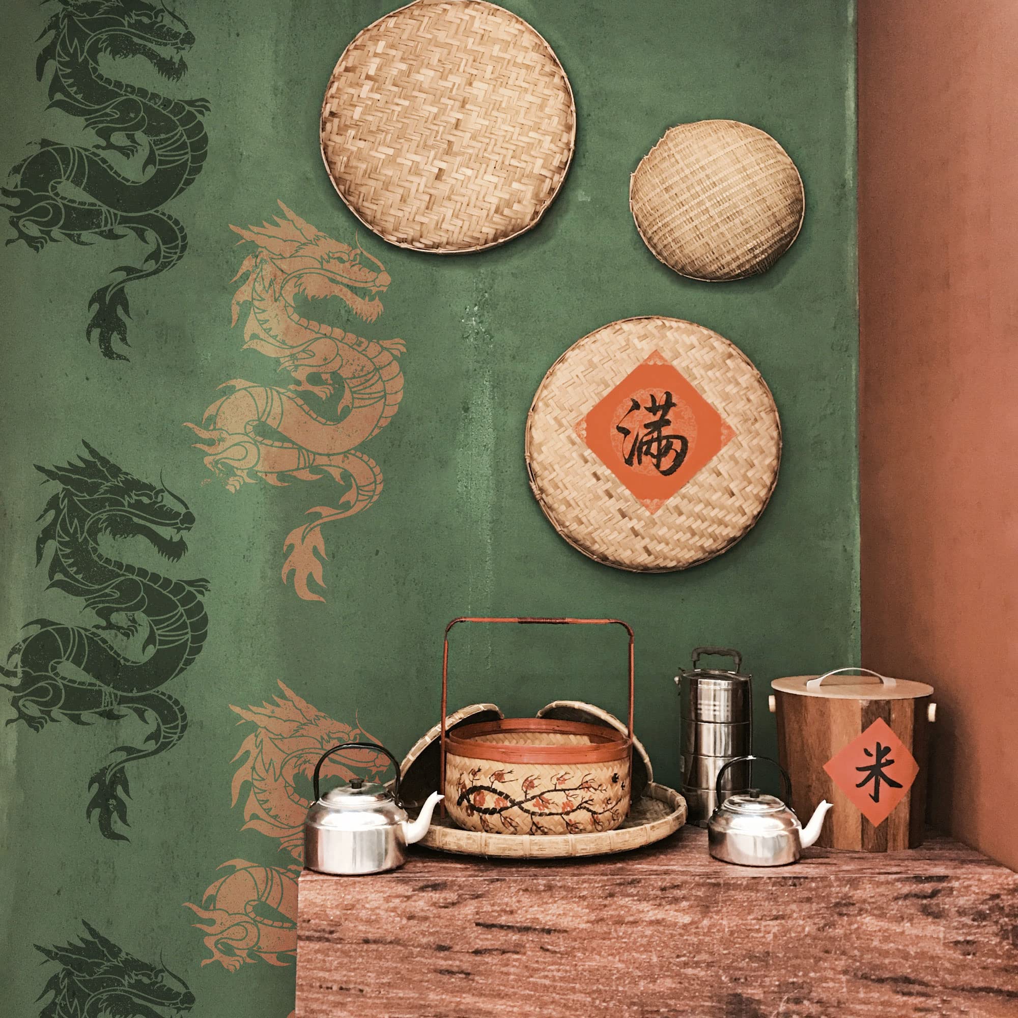 NAKLEO Große Malschablonen 59x95 cm, Chinesisch Drachen Orientalisch Muster, Wiederverwendbare Kunststoff Wandschablone DIY Handwerk, Holz Möbel Boden Stoff