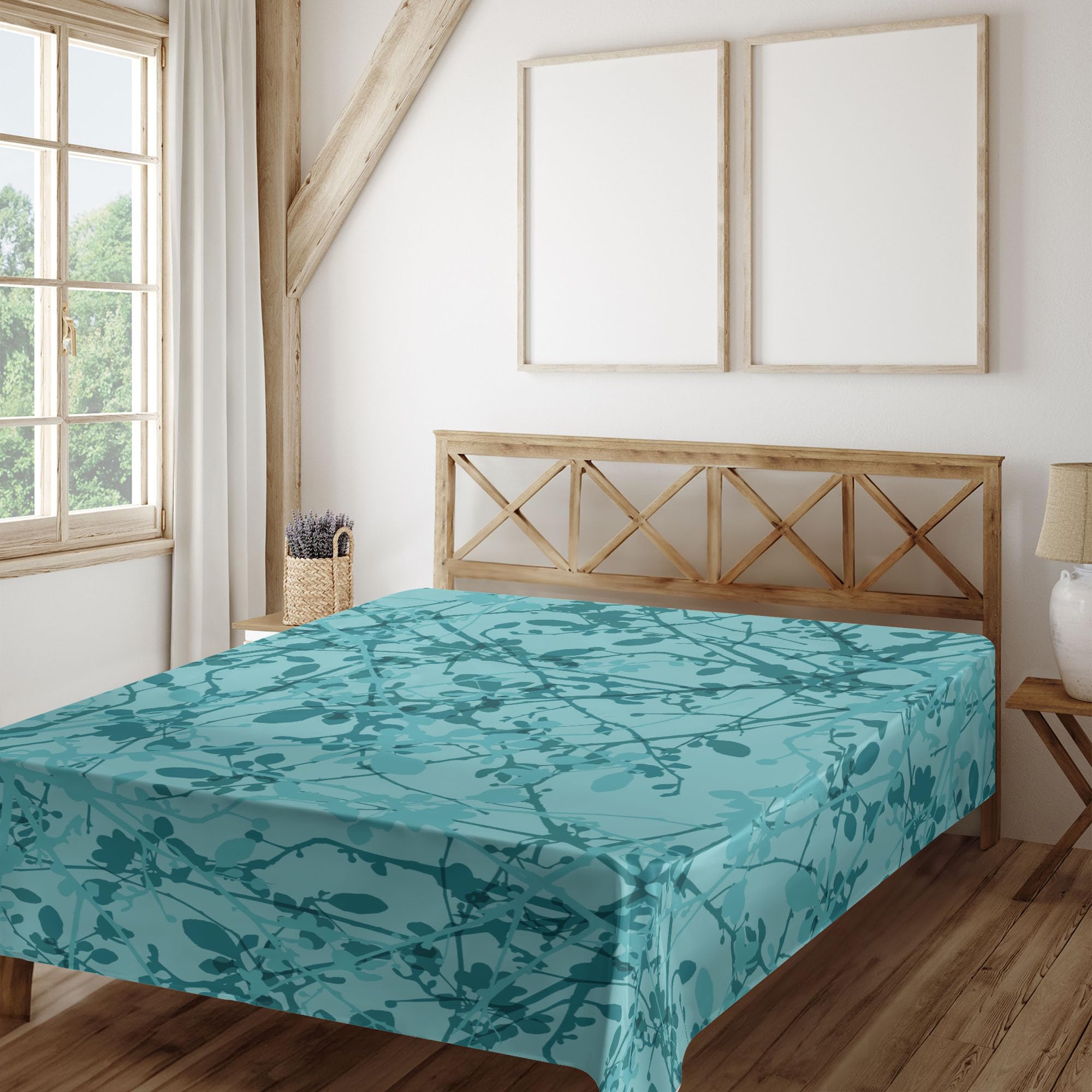 Ambesonne Teal Flat Sheet, Ink Drawing Inspired Intertwined Tree Branches Buds and Leaves in Abstract Design, Soft and Comfortable Top Sheet Decorative Bedding 1 Piece, Full Size, Teal Turquoise