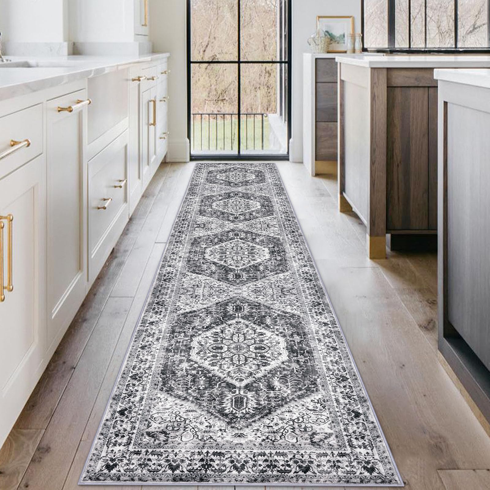 KOZYFLY Long Runners for Hallways 2x10 Ft Washable Kitchen Runner Rug Boho Runner Rug for Entryway Indoor Printed Faux Wool Stair Runner Floor Carpet for Stair Kitchen Hall, Grey โ image 1