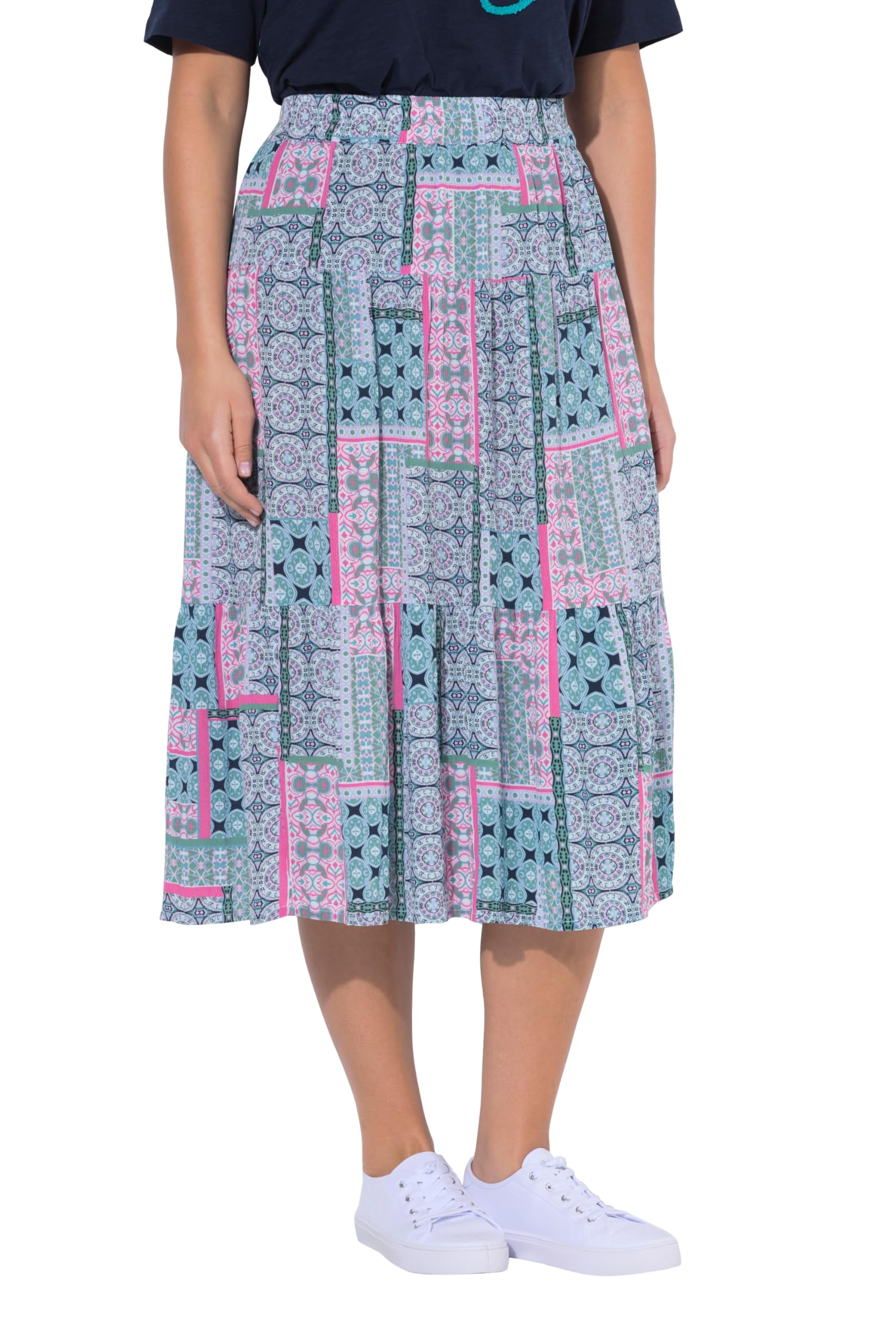 Ulla Popken Damen große Größen Übergrößen Plus Size Midirock, Gemustert, A-Linie, Elastikbund, Volants 849496