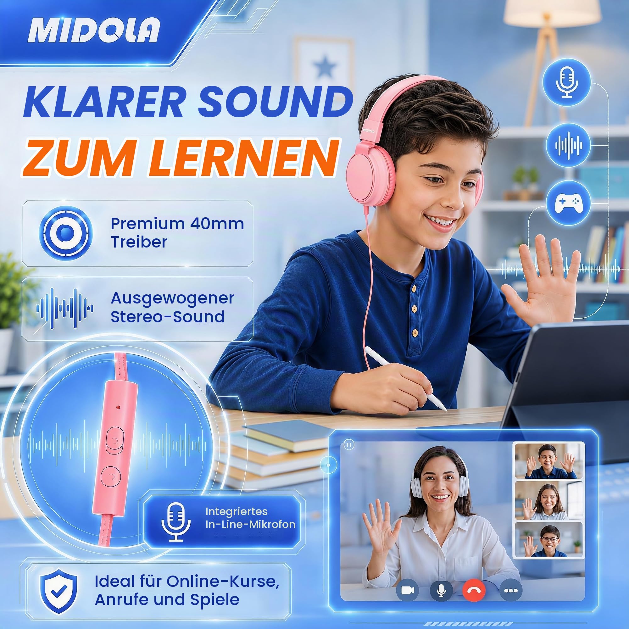 MIDOLA Kinderkopfhörer, kabelgebunden, Lautstärkebegrenzung 85/96 dB, Over-Ear/On-Ear, faltbares Headset mit Inline-Kabel, AUX-3,5-mm-Kabelmikrofon für Kinder, Jungen und Mädchen, Rosa