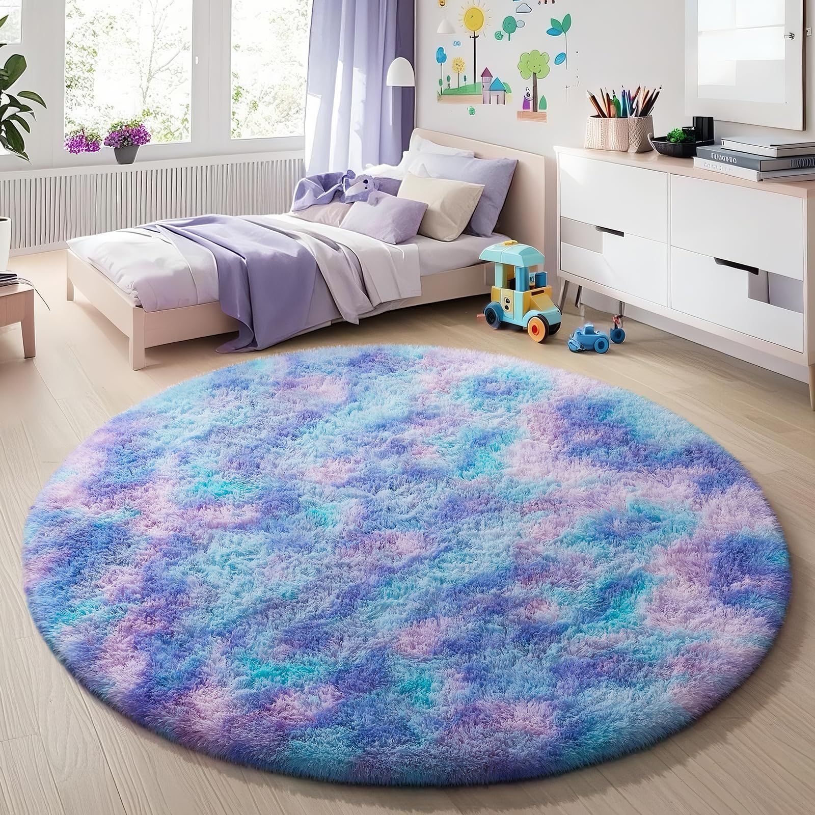 Ophanie Round Rugs 5Ft Tie-Dye Rainbow Purple Area Rug,Aesthetic Room Decor,Fluffy Fuzzy Bedroom Carpet,Plush Soft Shaggy Colorful Living Room Rugs for Kids Home,Nursery with Over 99 pcs Pile fibers