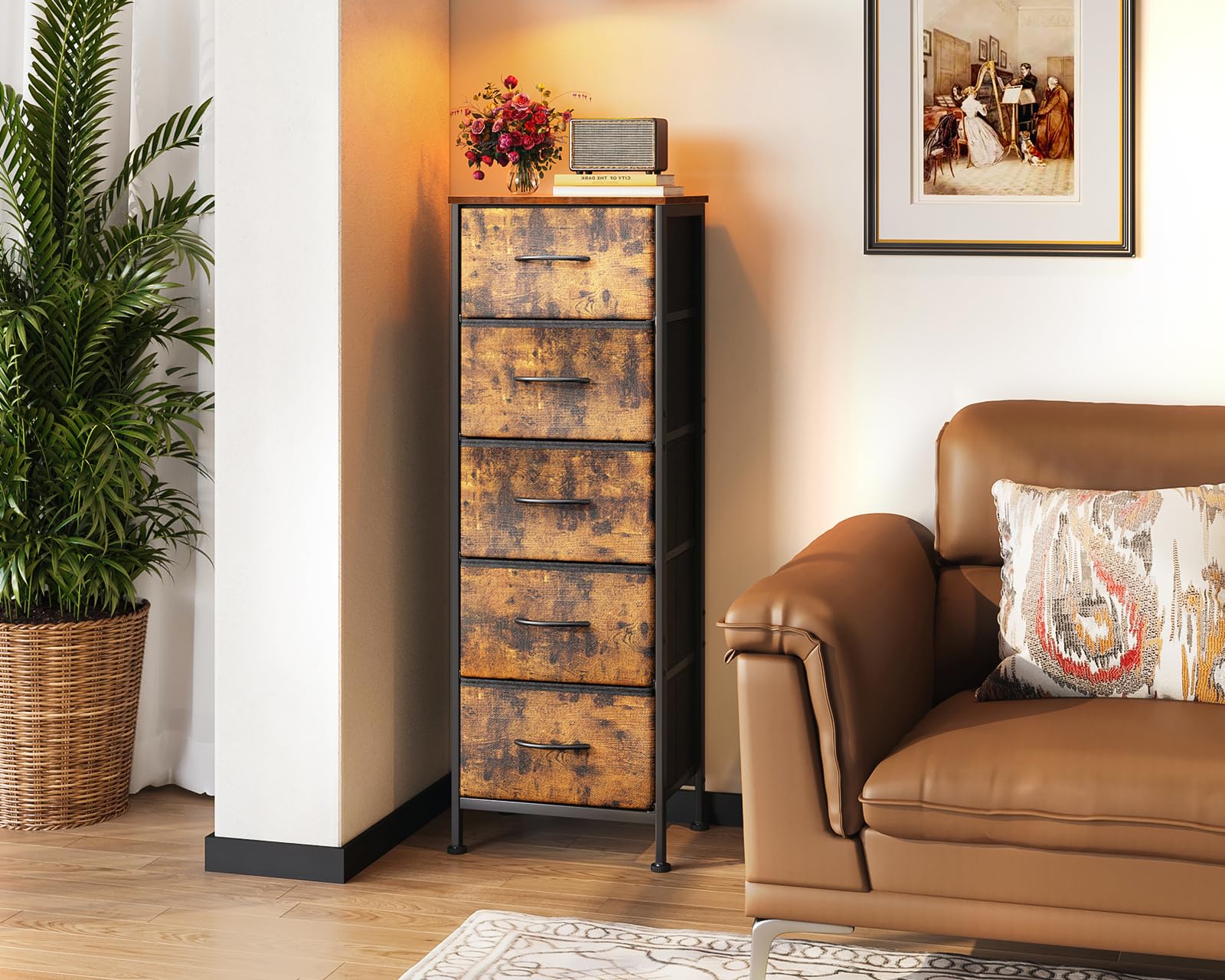 Coleshome Schmale Kommode mit Schubladen, Kleine Kommode mit 5 Schubladen, mit Stoffschublade, Stabiler Stahlrahmen, Holzplatte, Geeignet für Schlafzimmer und Wohnzimmer, Vintage