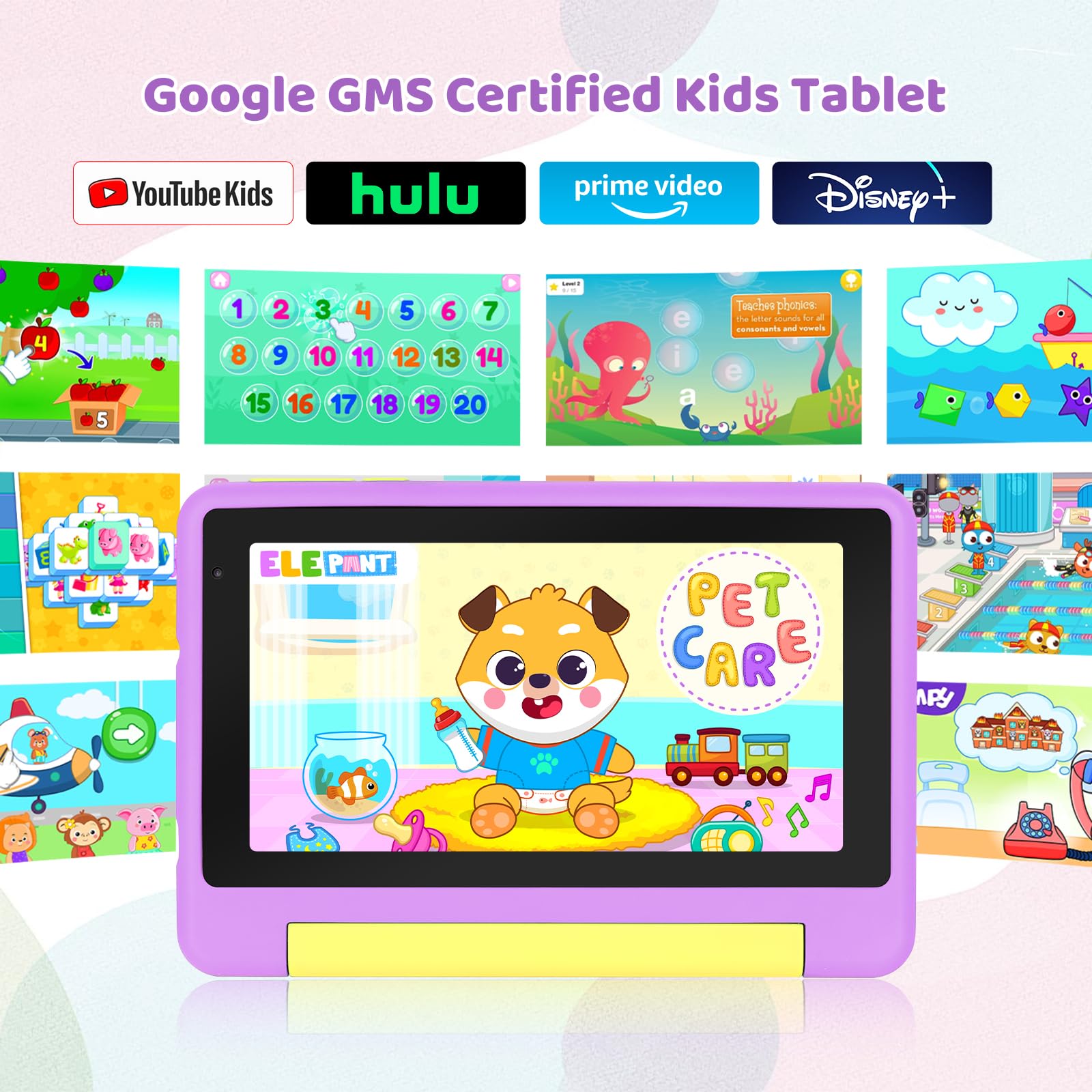 Whitedeer 2026 Latest Kids Tablet, 7 inch Tablet for Kids 3-7 Ages 8GB RAM +64GB ROM, Android 13, Parental Controls, Dual Camera, Wi-Fi, Bluetooth, Type-C, Impact Resistant Case, Gift,Purple - 2
